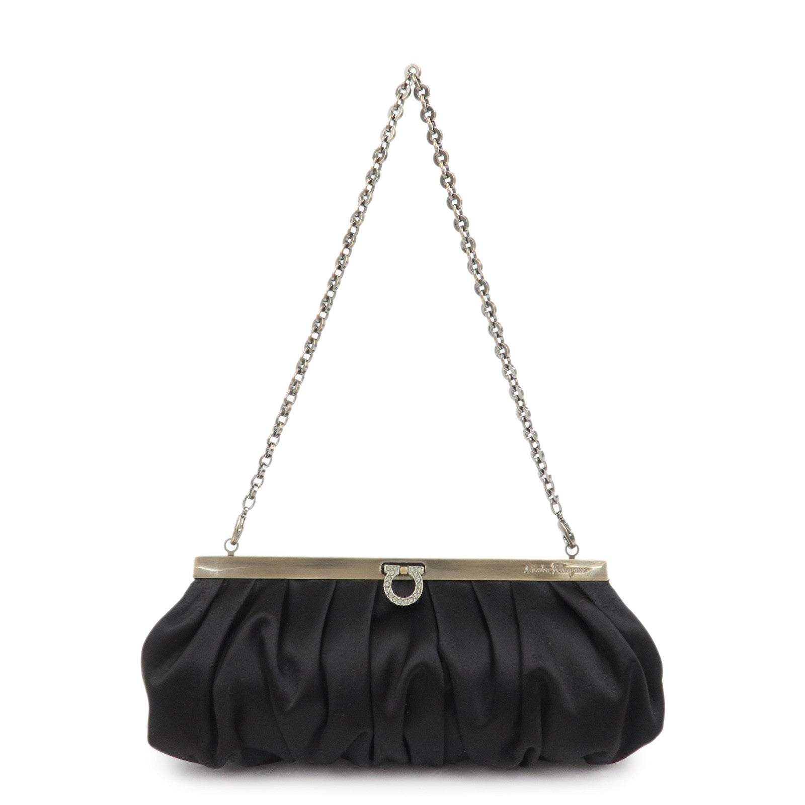Ferragamo Gancini Satin Chain 2Way Bag Clutch Bag Black