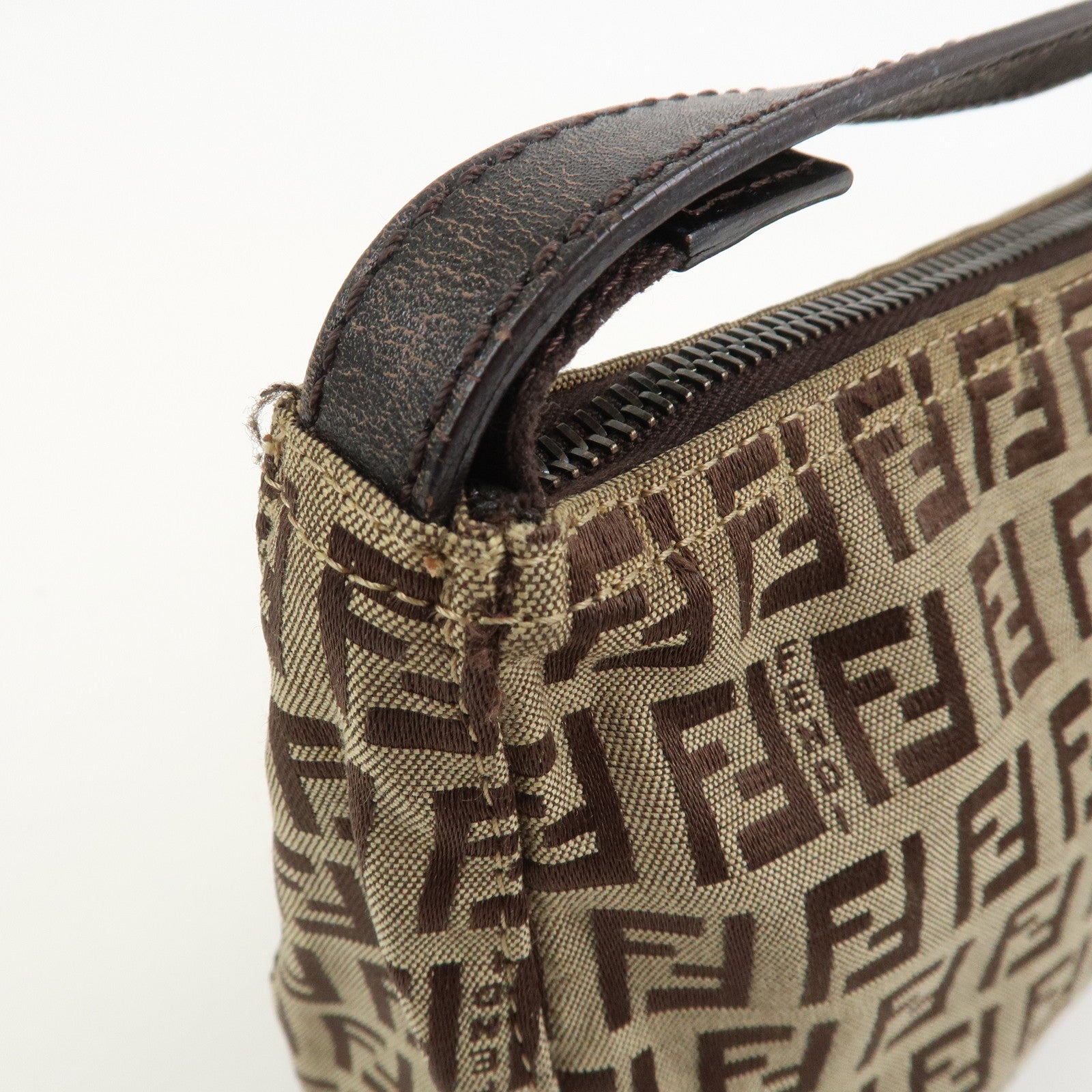 FENDI Zucchino Canvas Leather Hand Bag Pouch Bag Brown 8N0001
