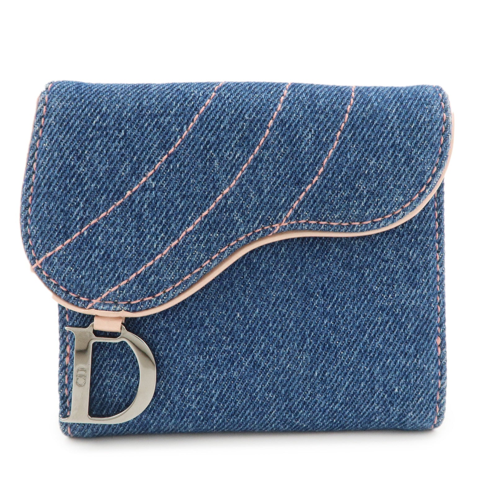 Christian Dior Saddle Lotus Wallet Denim Blue Pink Silver GDW Used