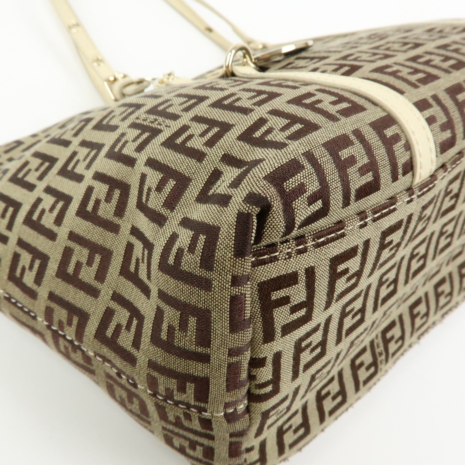 FENDI Zucchino Canvas Leather Tote Bag Hand Bag Brown Ivory 8BH214