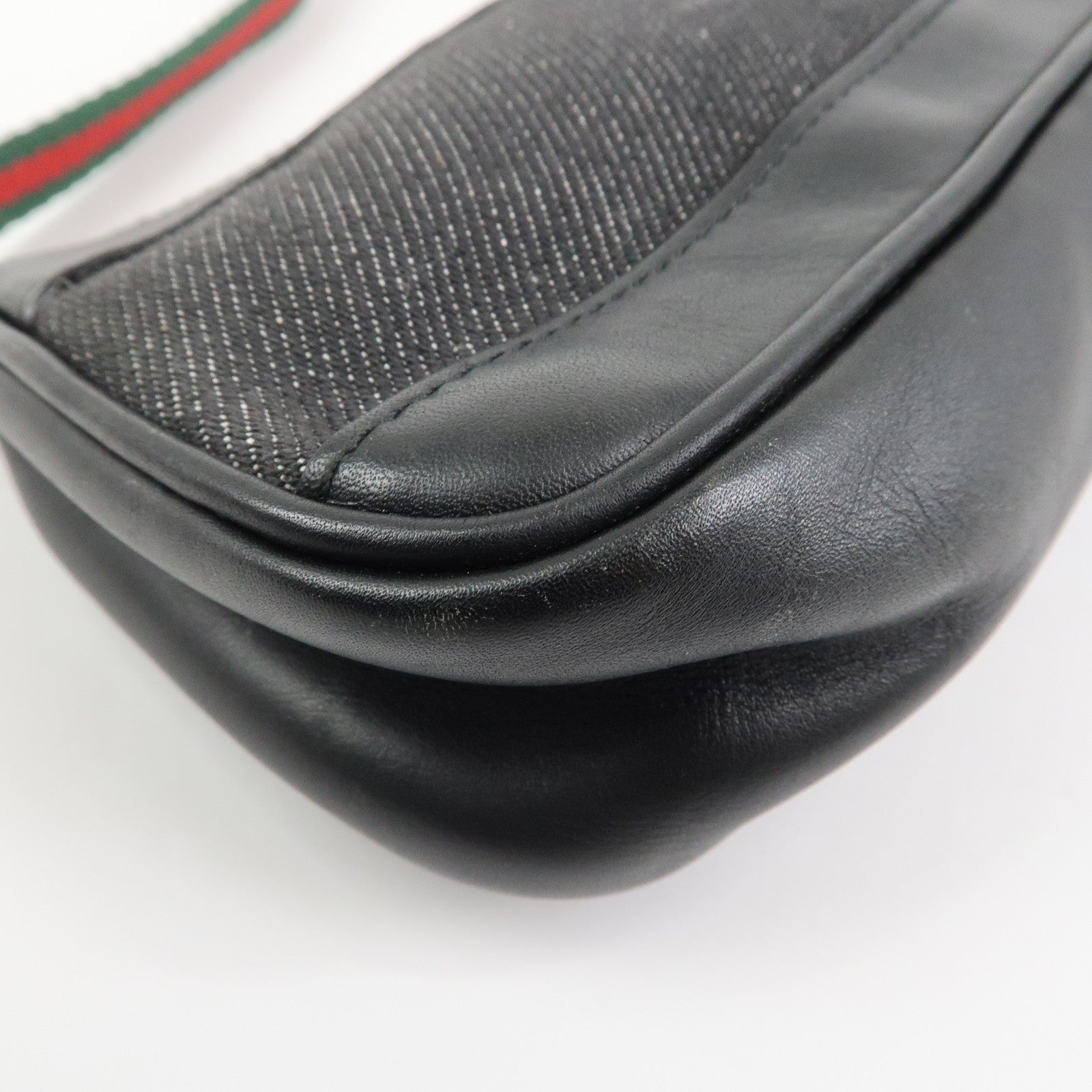 GUCCI Sherry Denim Leather Accessory Pouch Hand Bag Black 92820