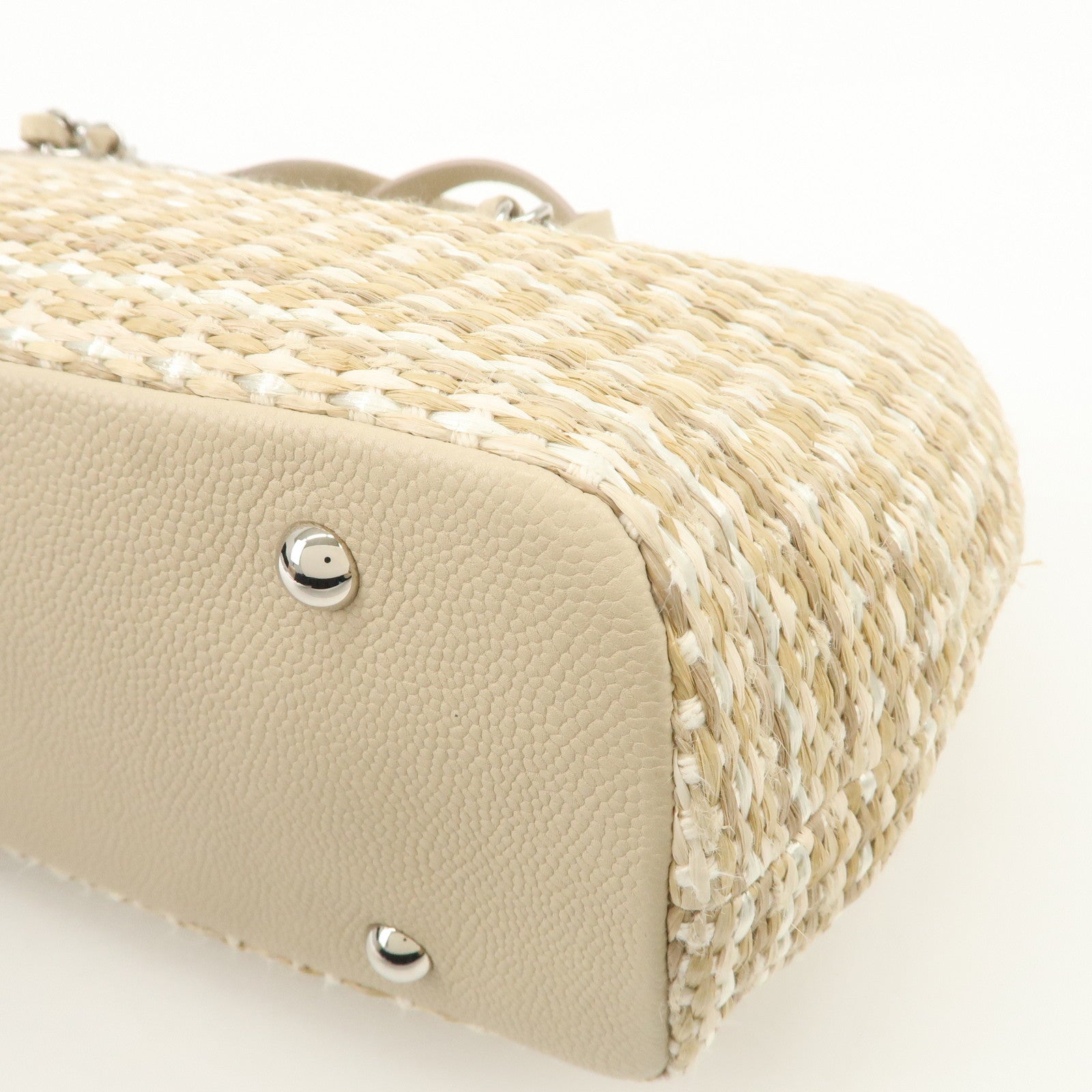 CHANEL Lether Raffia 2Way Bag Shoulder Bag Hand Bag Beige