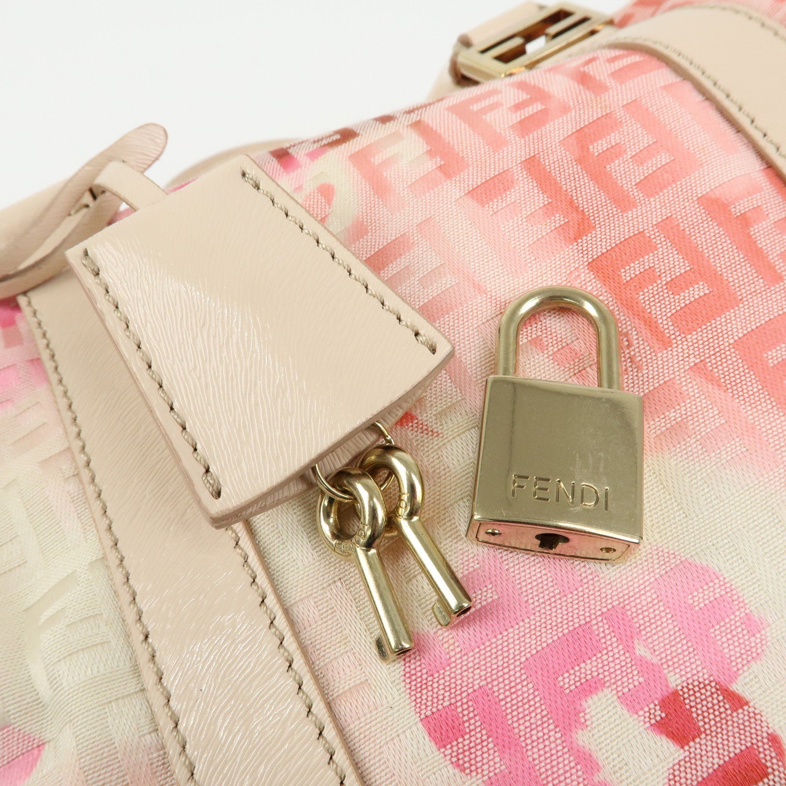FENDI Zucchino Canvas Leather Mini Boston Bag Hand Bag Pink Ivory