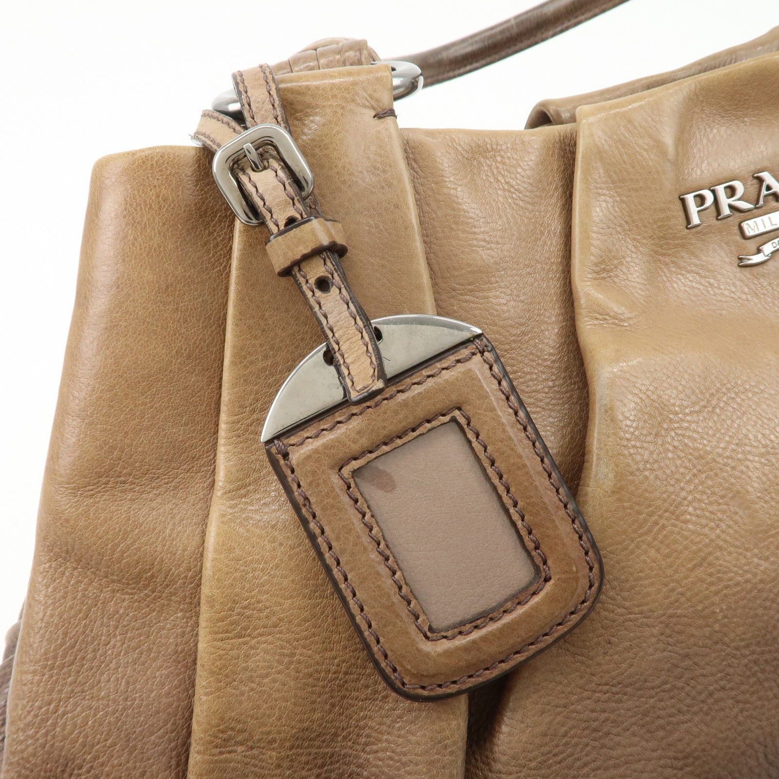 PRADA Logo Leather Tote Bag Shoulder Bag Silver HDW Black Beige