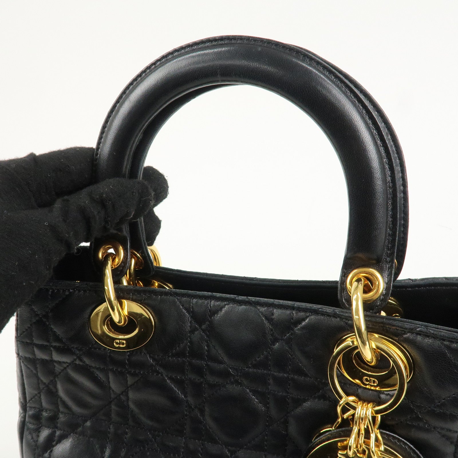 Christian Dior Lady Dior Canage Leather Hand Bag Black Used