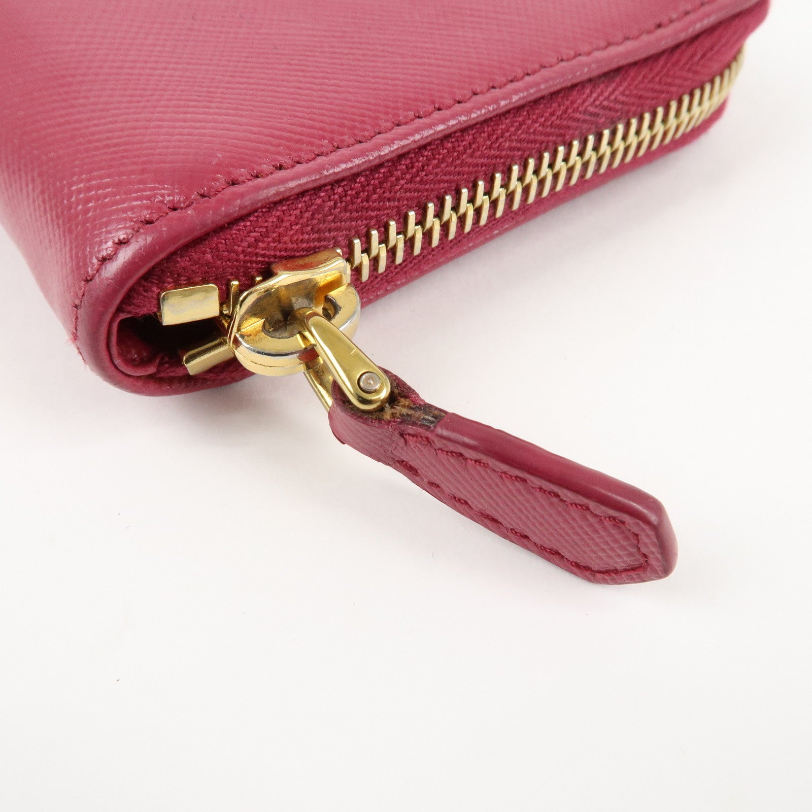 PRADA Logo Leather Round Zippy Wallet Pink Gold Hardware Used