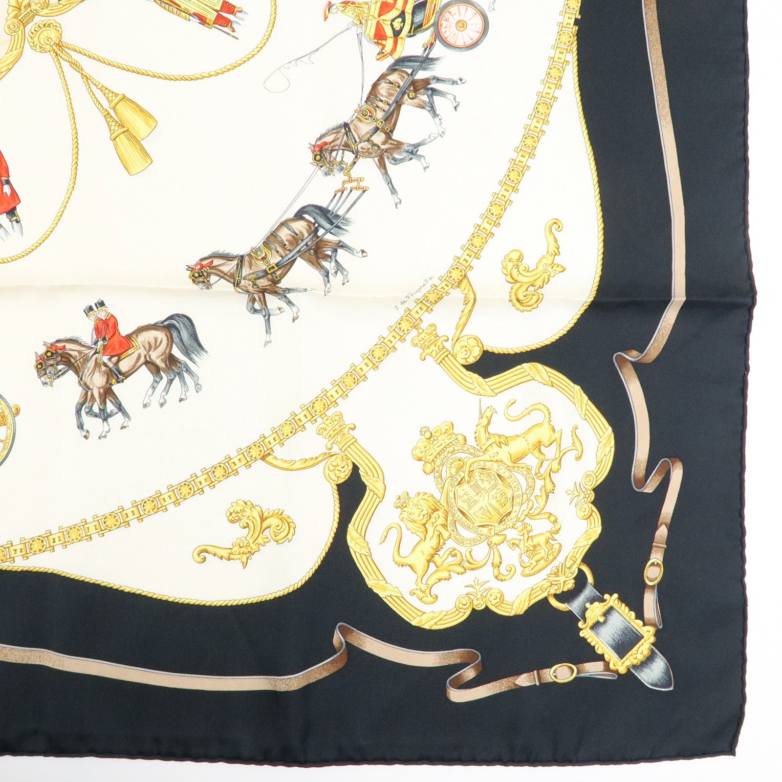 HERMES Carre 90 Silk 100% Scarf THE ROYAL MEWS Black White