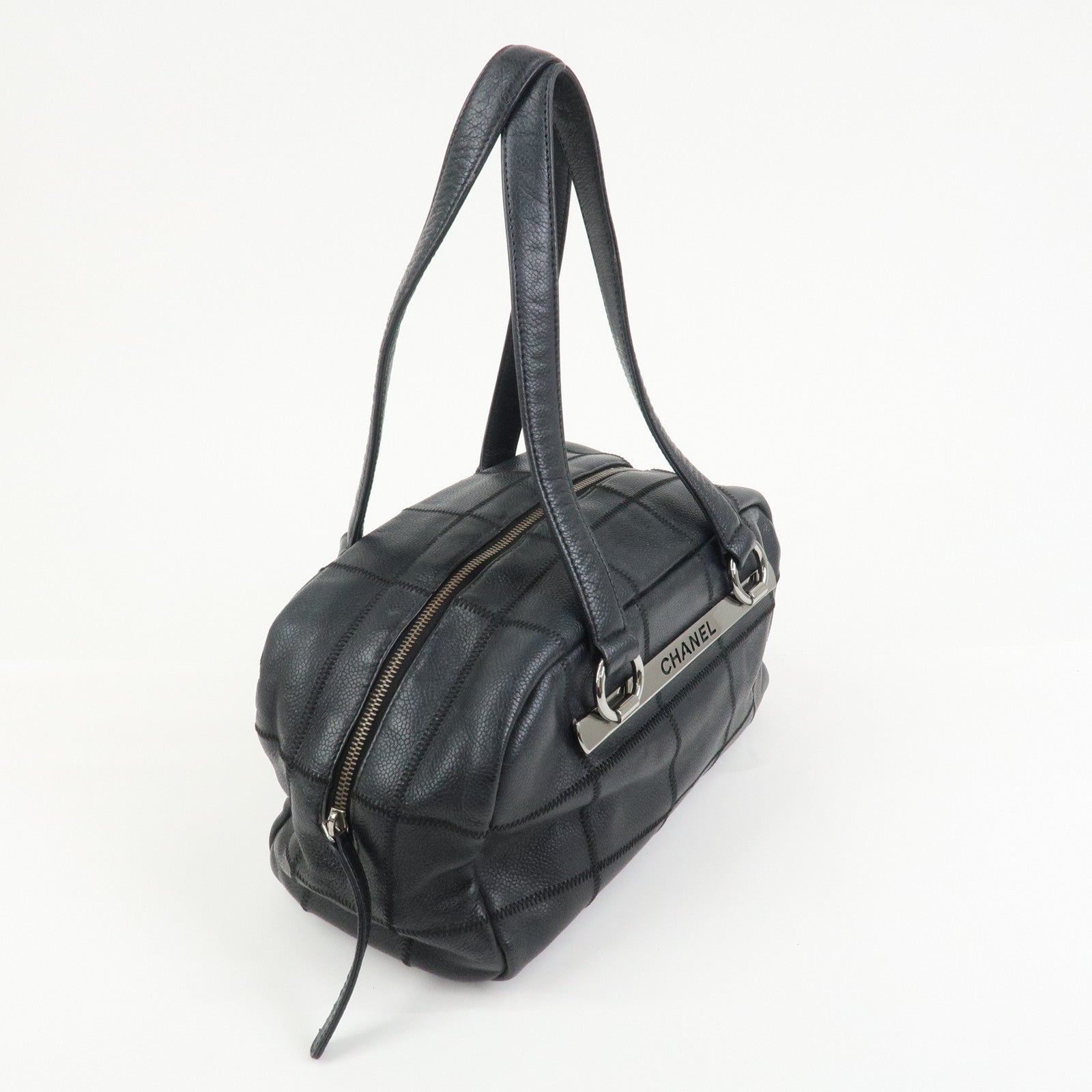 CHANEL Chocolate Bar Caviarskin Boston Bag Hand Bag Black A28023