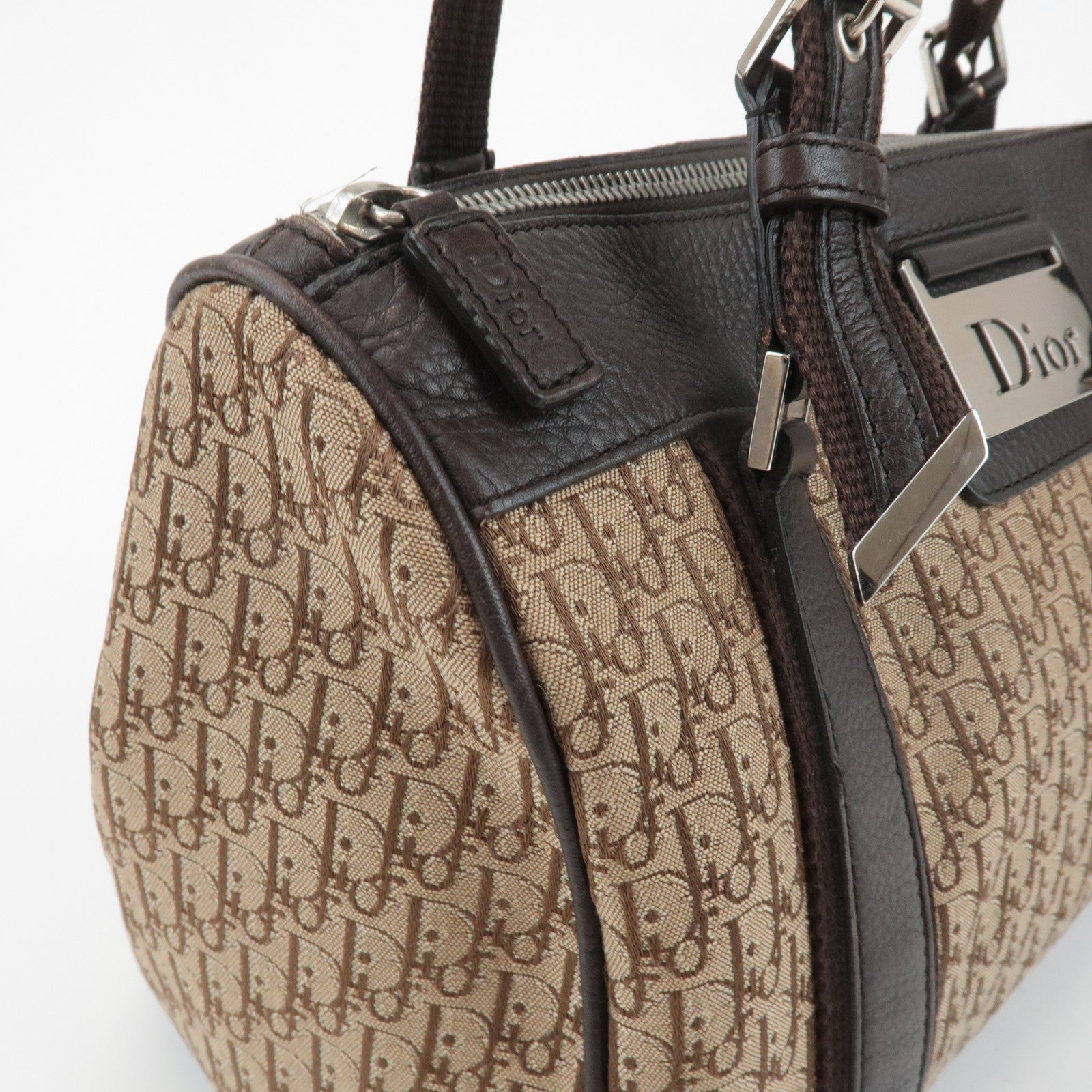 Christian Dior Trotter Street Chic Leather Canvas Boston Bag Beige Used