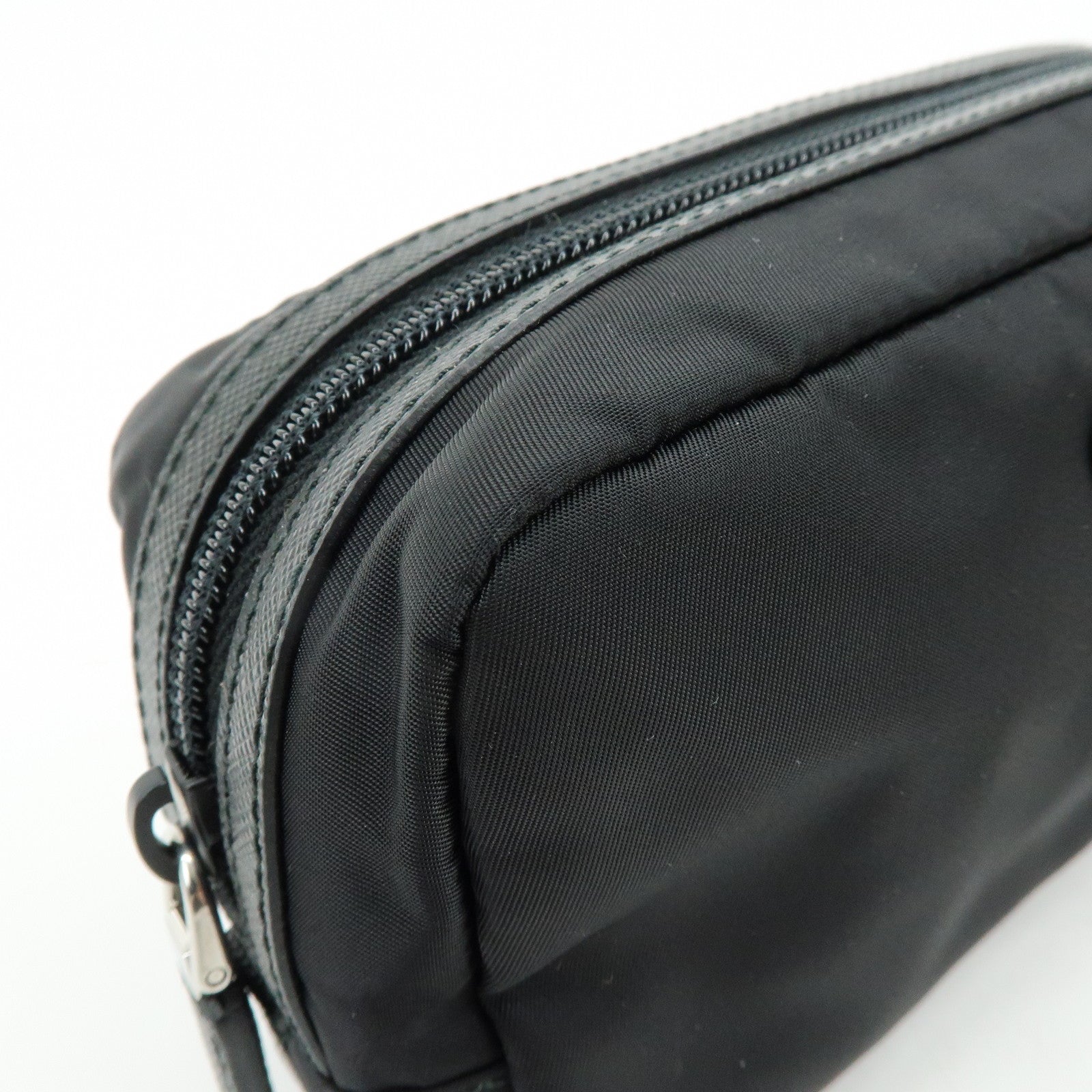 PRADA Triangle Logo Nylon Saffiano Leather Pouch Black