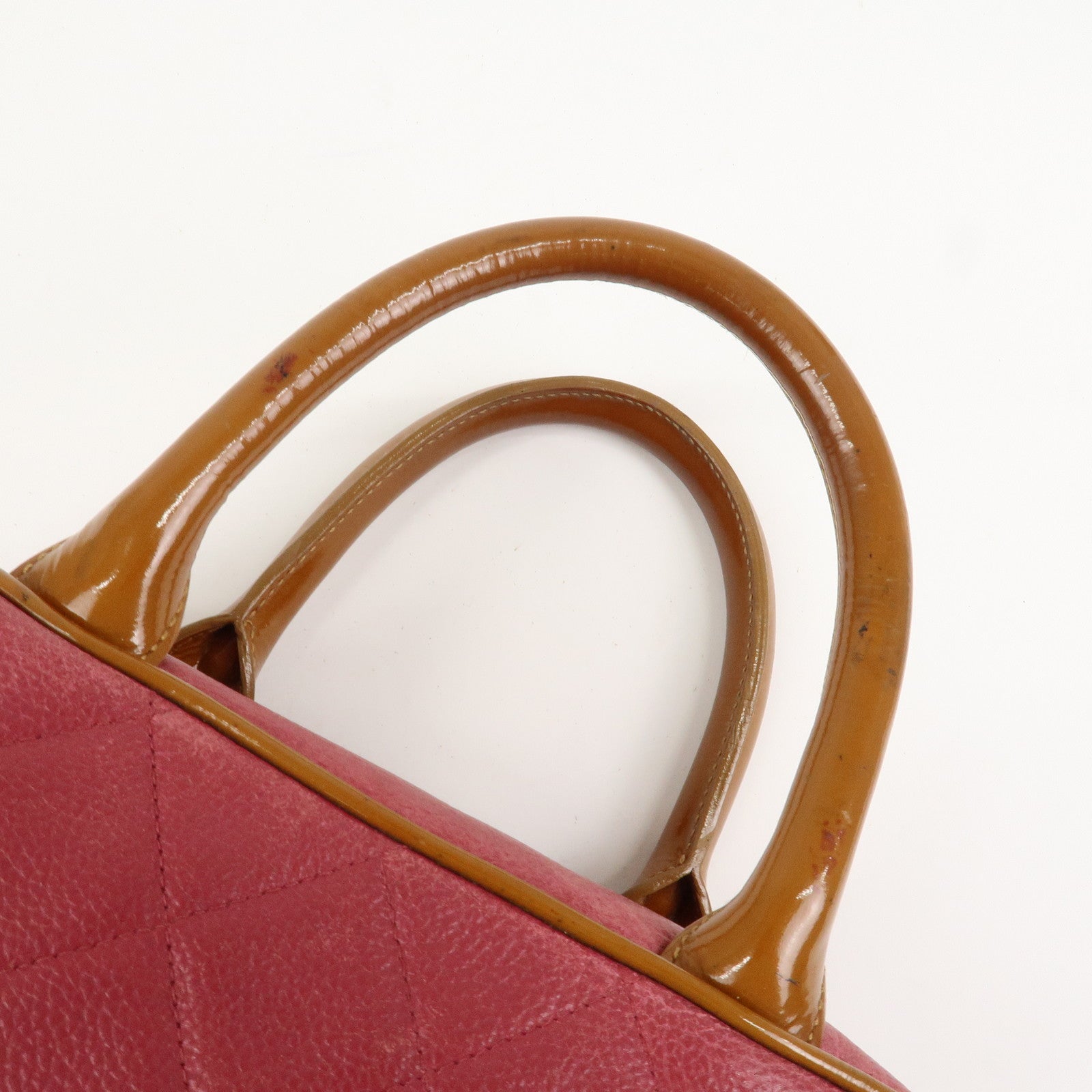 CHANEL Matelasse Leather Patent Leather Mini Boston Bag Pink Brown