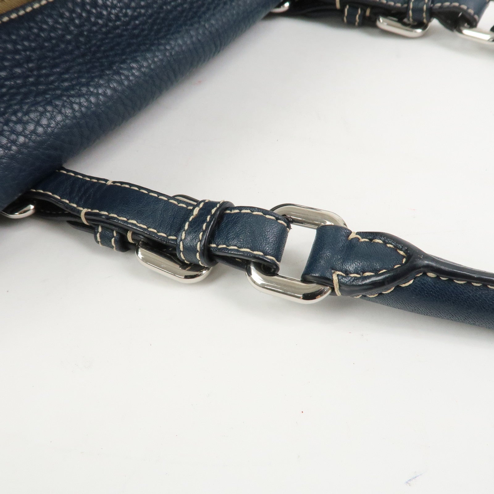 PRADA Logo Leather Boston Bag Hand Bag Navy BR3091