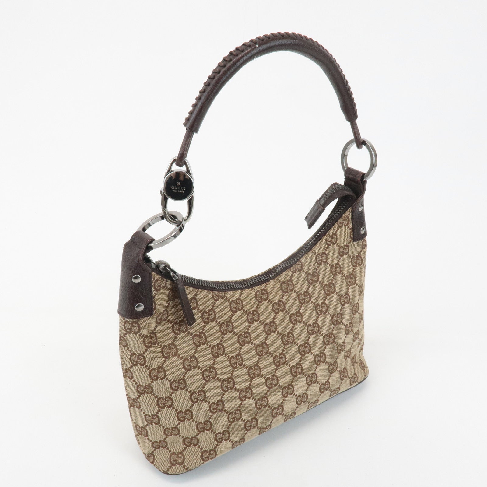 GUCCI GG Canvas Leather Shoulder Bag Hand Bag Beige Dark Brown 115002 Used