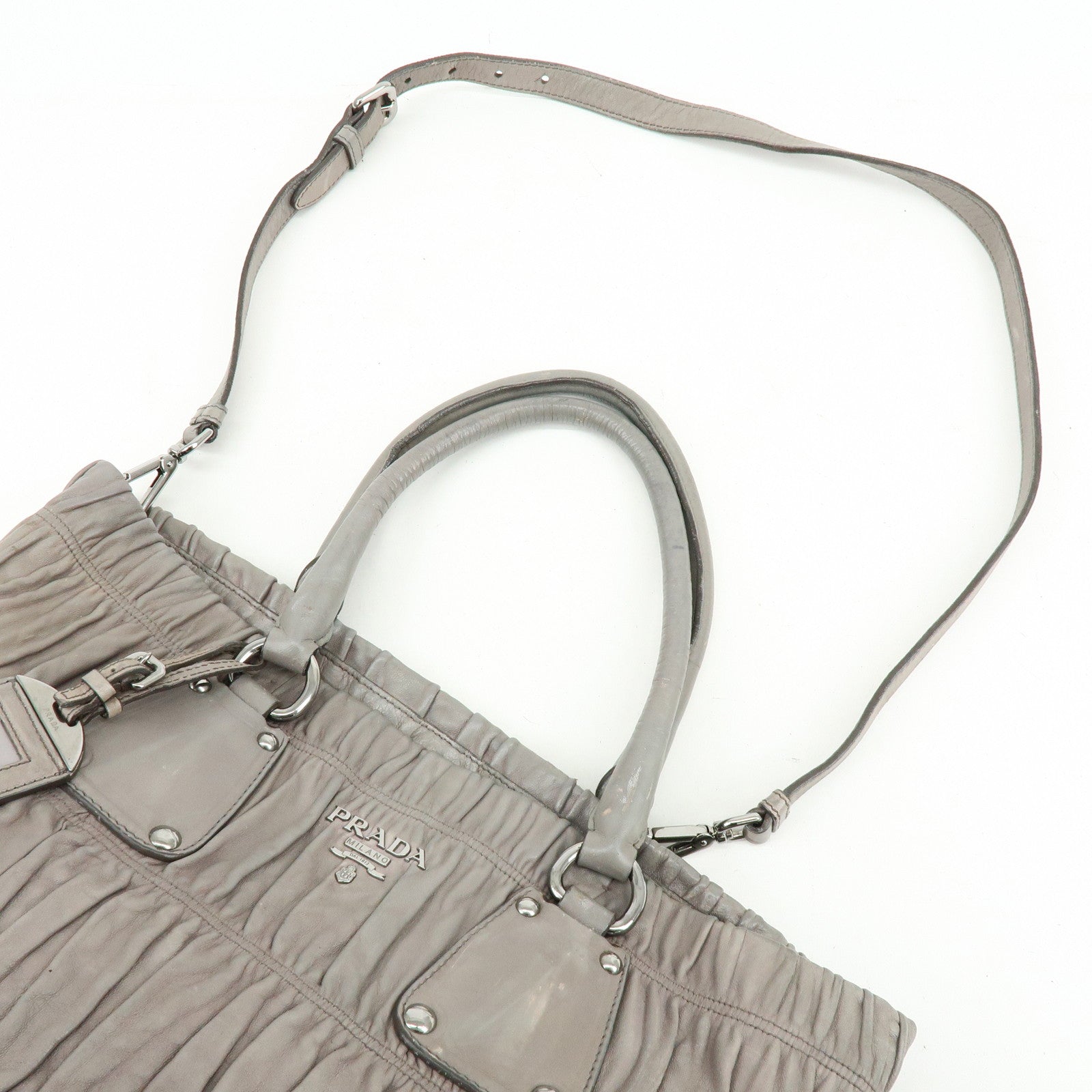 PRADA Logo Leather 2Way Bag Hand Bag Shoulder Bag Gray