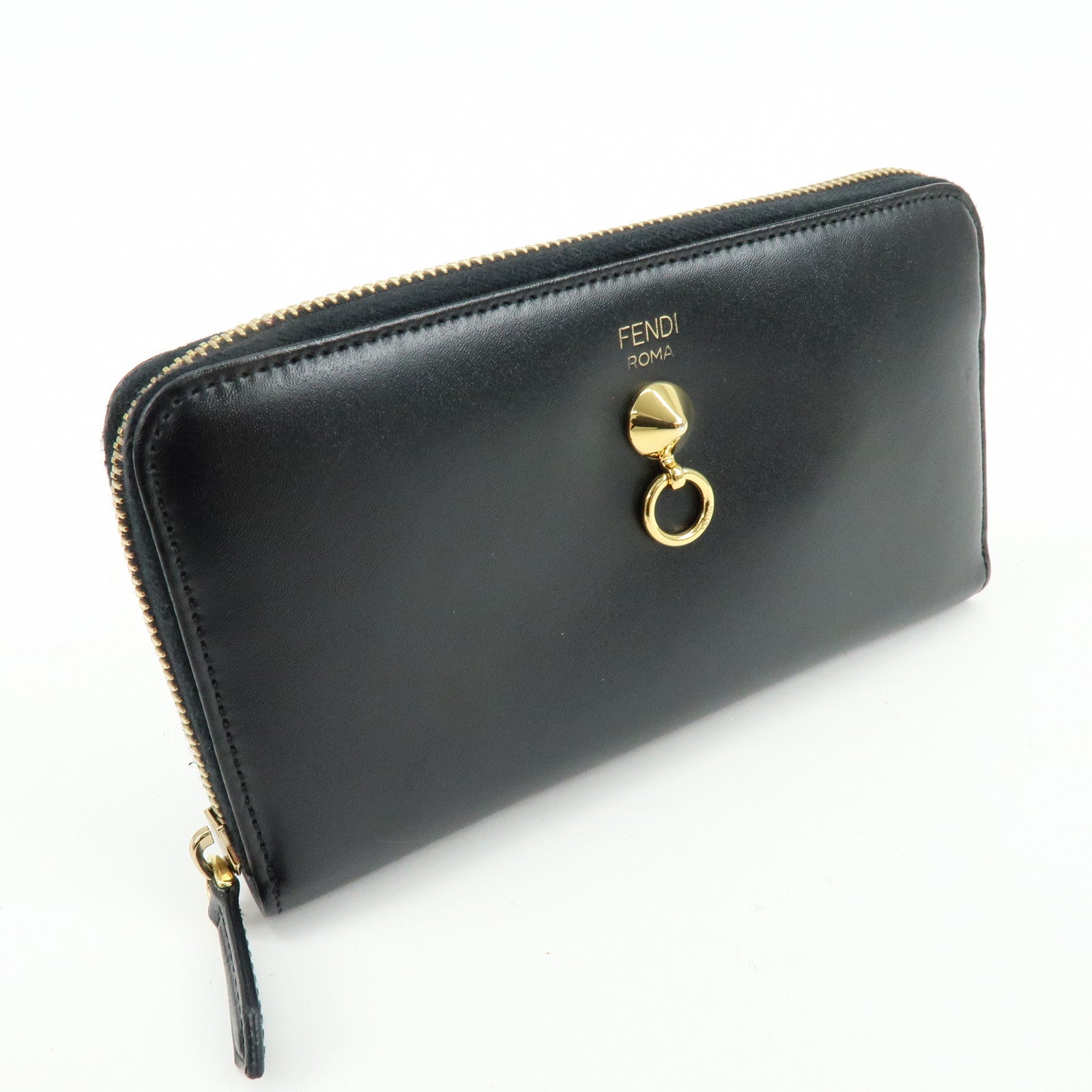 FENDI Leather Round Zippy Long Wallet Black 8M0299