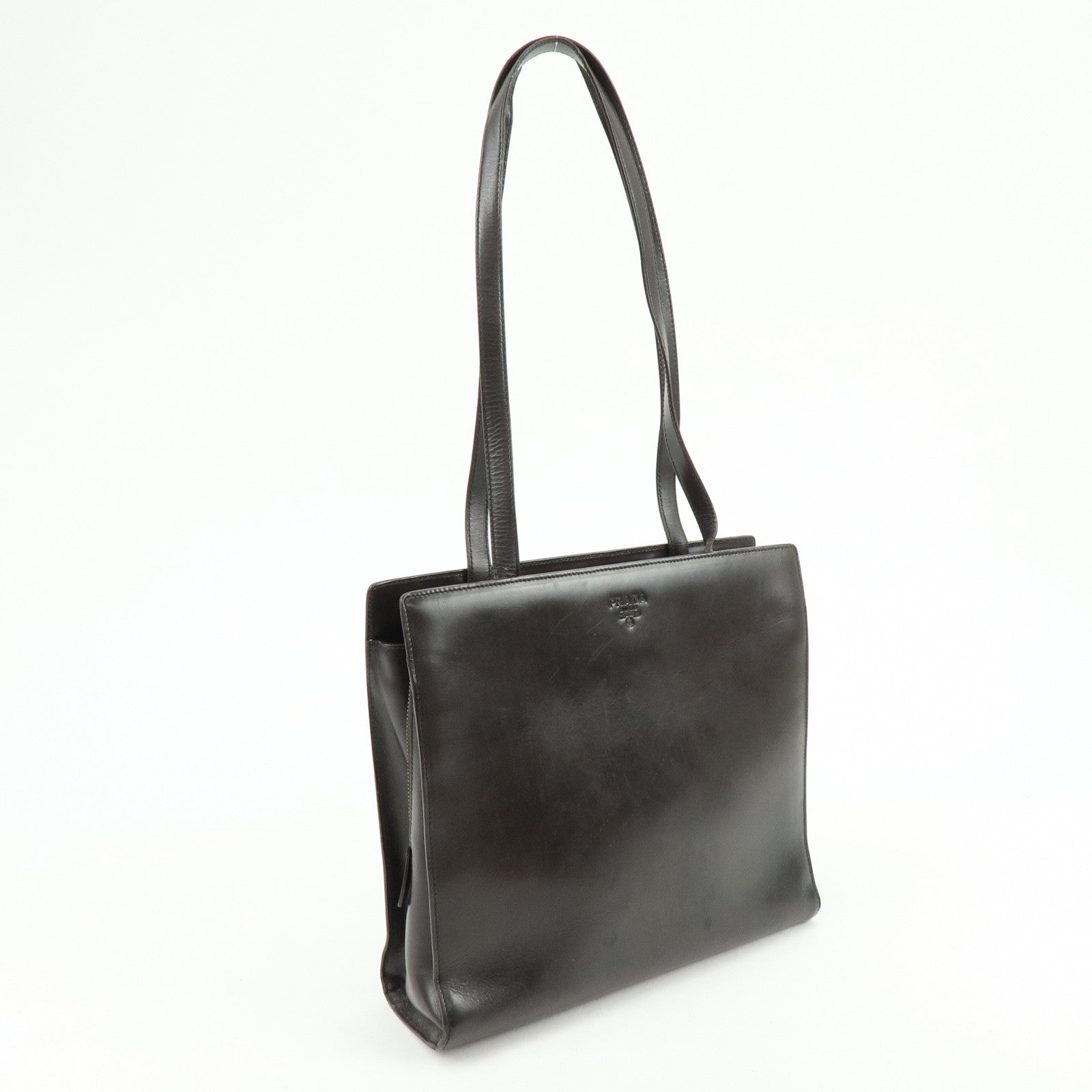 PRADA Logo Leather Tote Bag Shoulder Bag Dark Brown