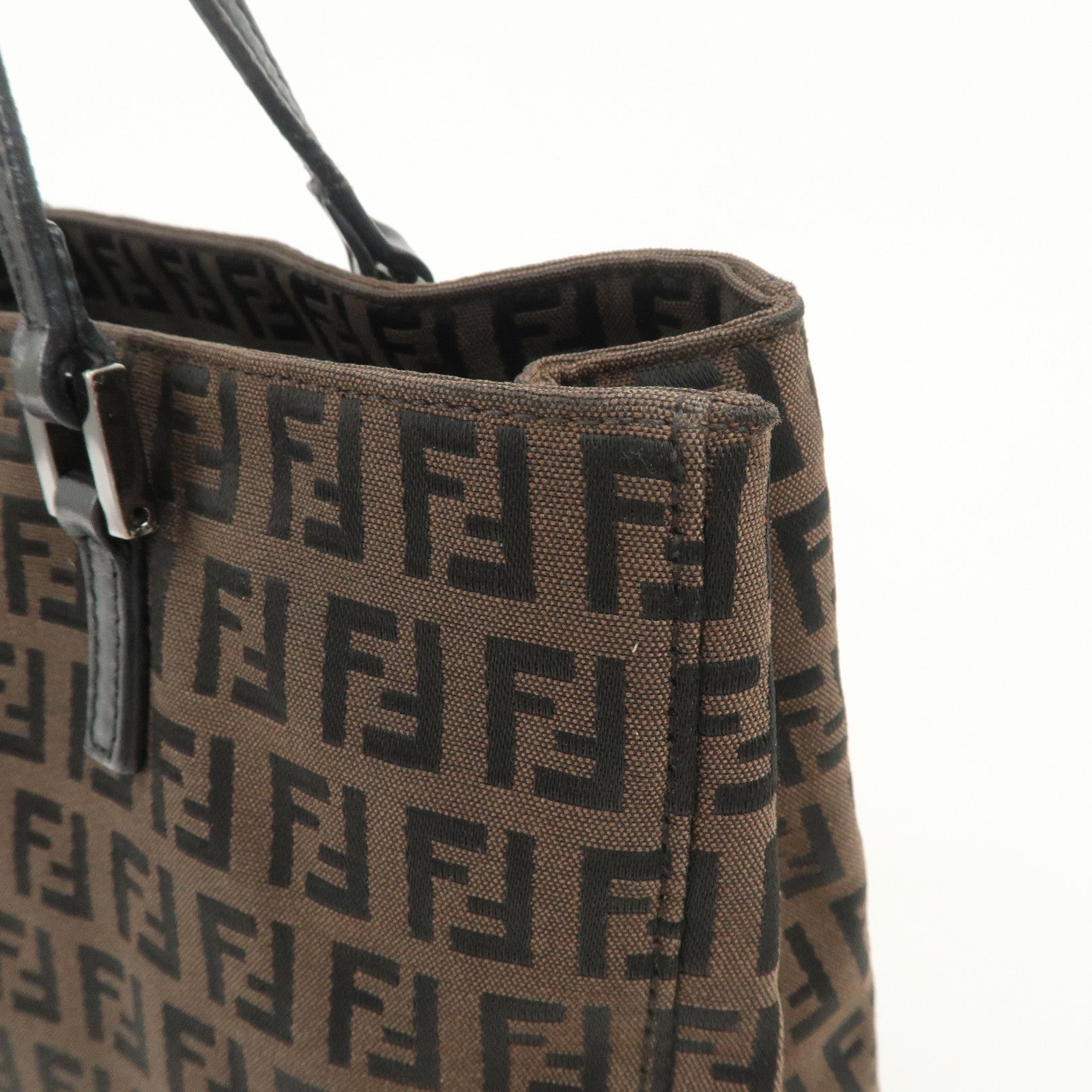 FENDI Zucchino Canvas Leather Tote Bag Hand Bag Dark Brown 8BH132