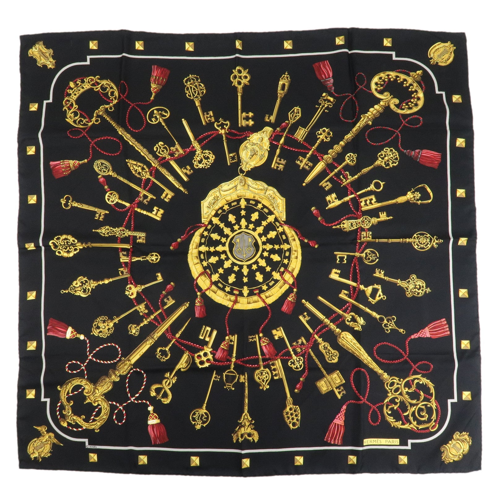 HERMES Carre 90 Silk 100% Scarf LES CLES THE KEYS RARE Black Gold Used