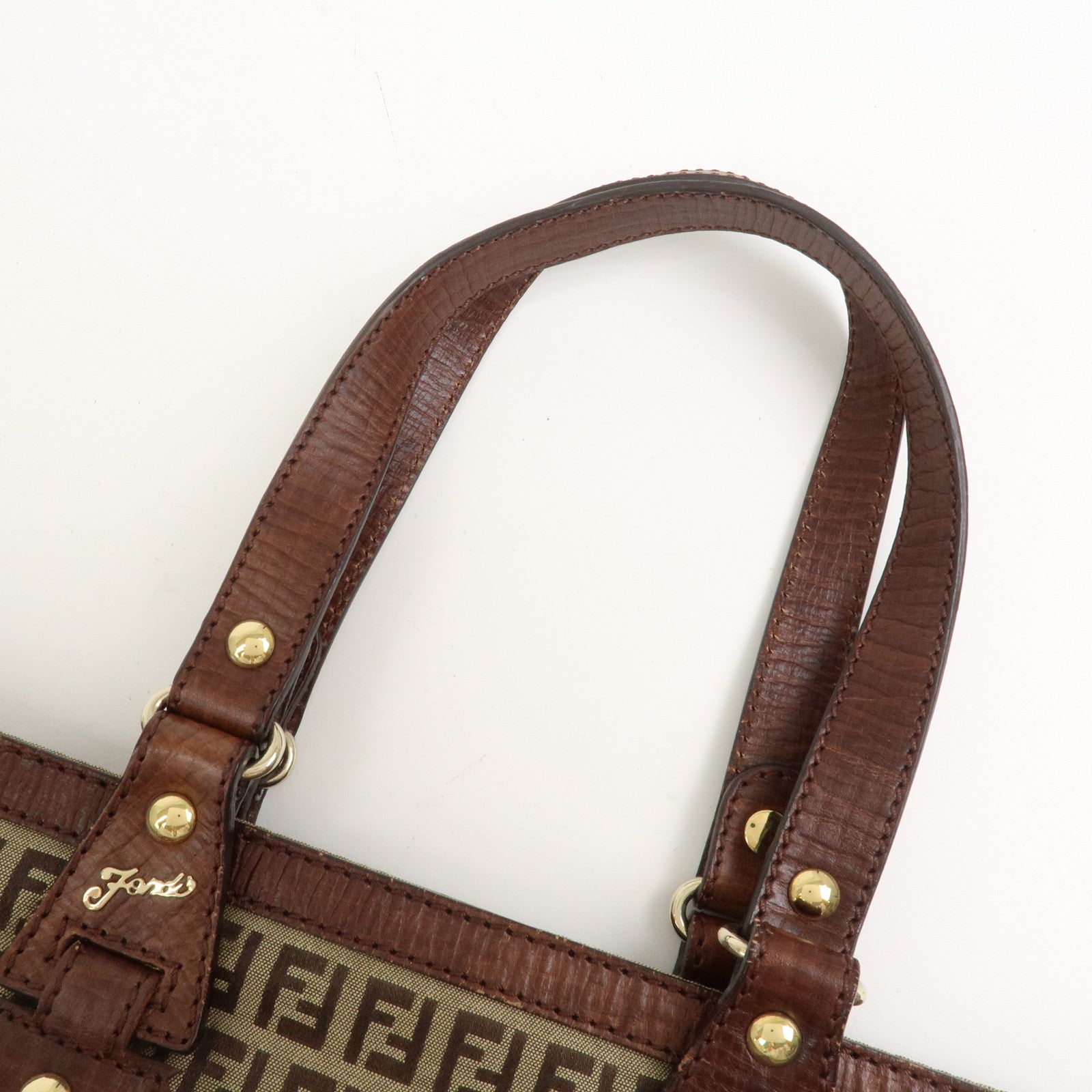 FENDI Zucchino Canvas Leather Tote Bag Shoulder Bag Brown 8BH161