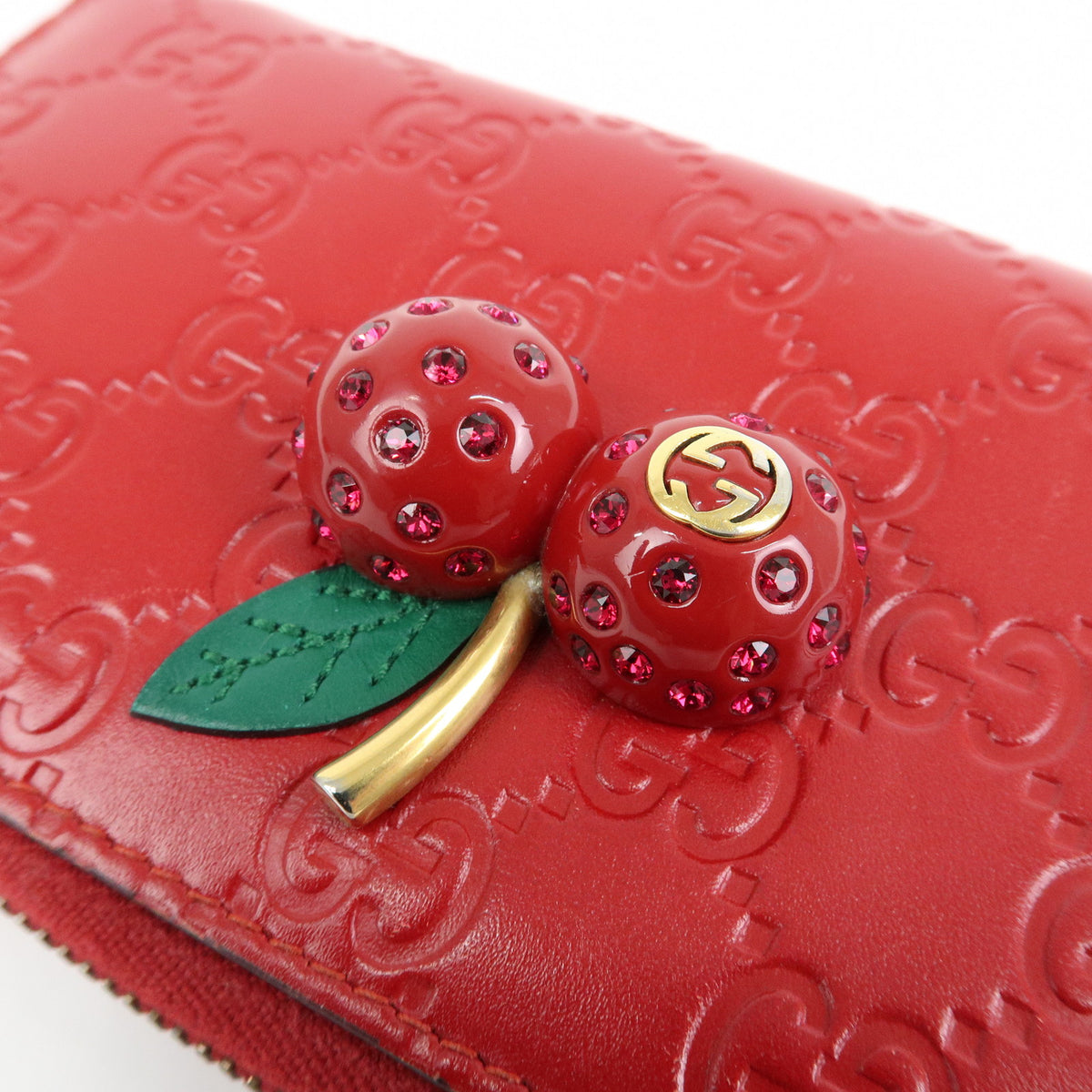 GUCCI Guccissima Leather Cherry Round Zippy Long Wallet Red 476049
