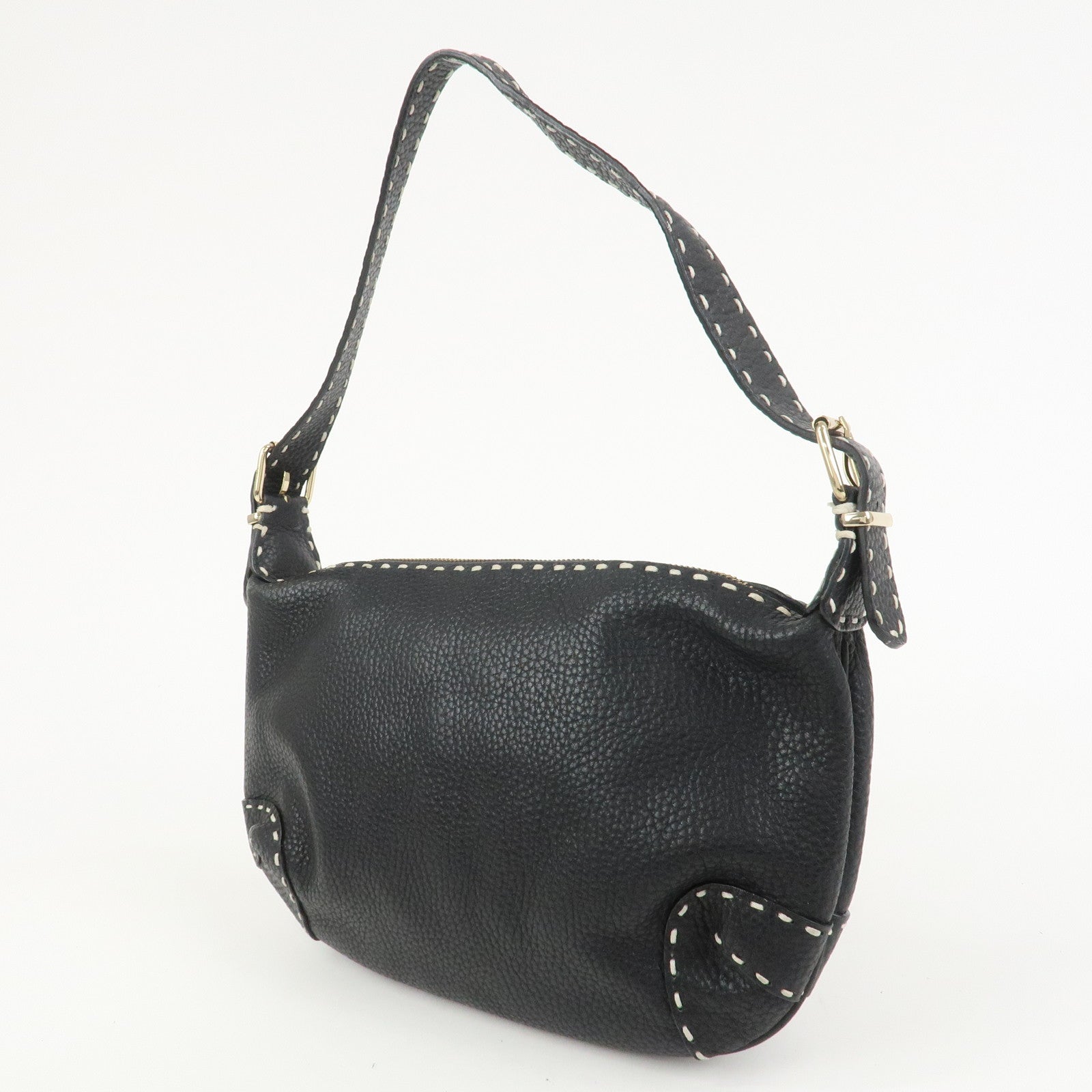 FENDI Selleria Logo Leather Shoulder Bag Hand Bag Black