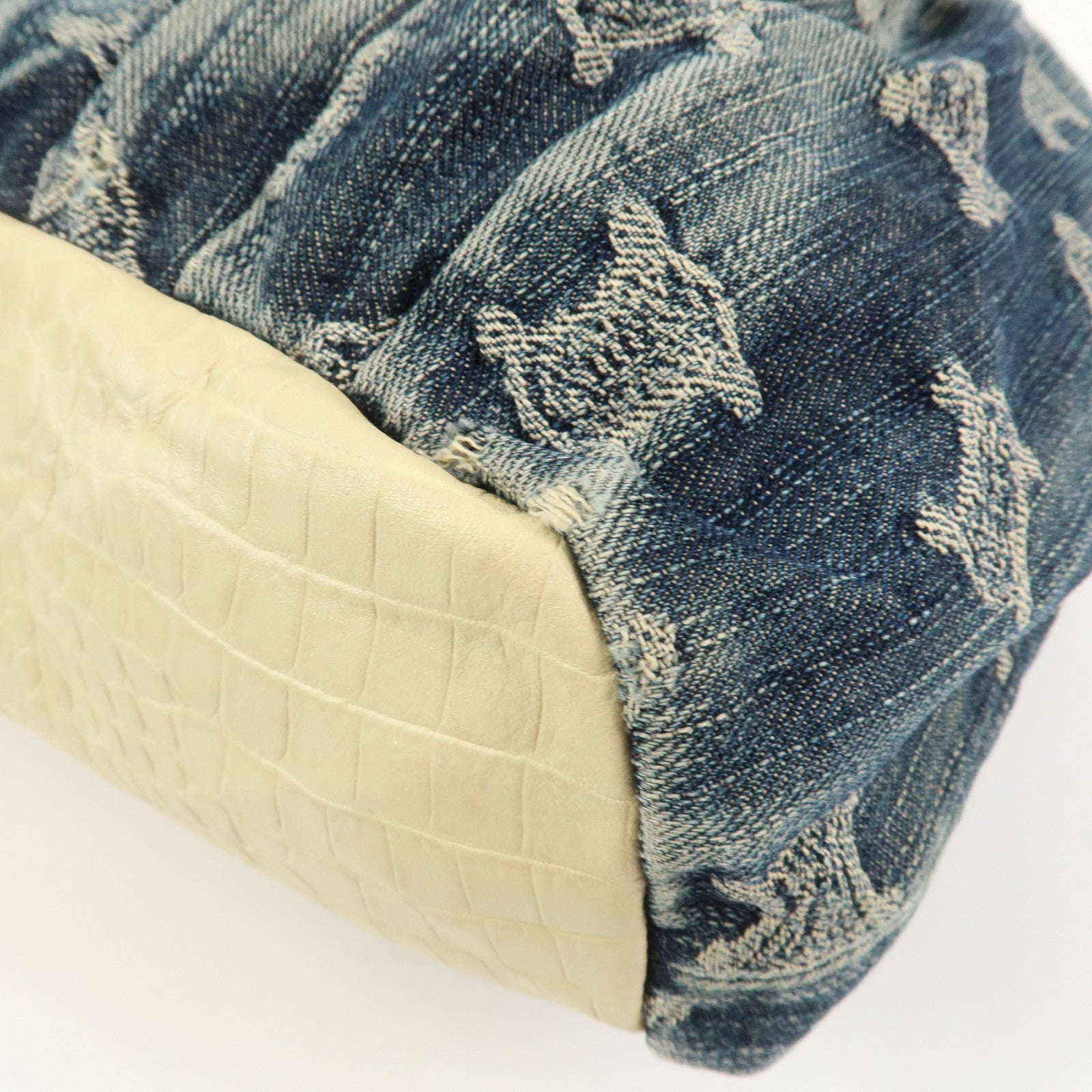 CELINE Macadam Denim Emboss Leather Tote Bag Hand Bag Blue Ivory