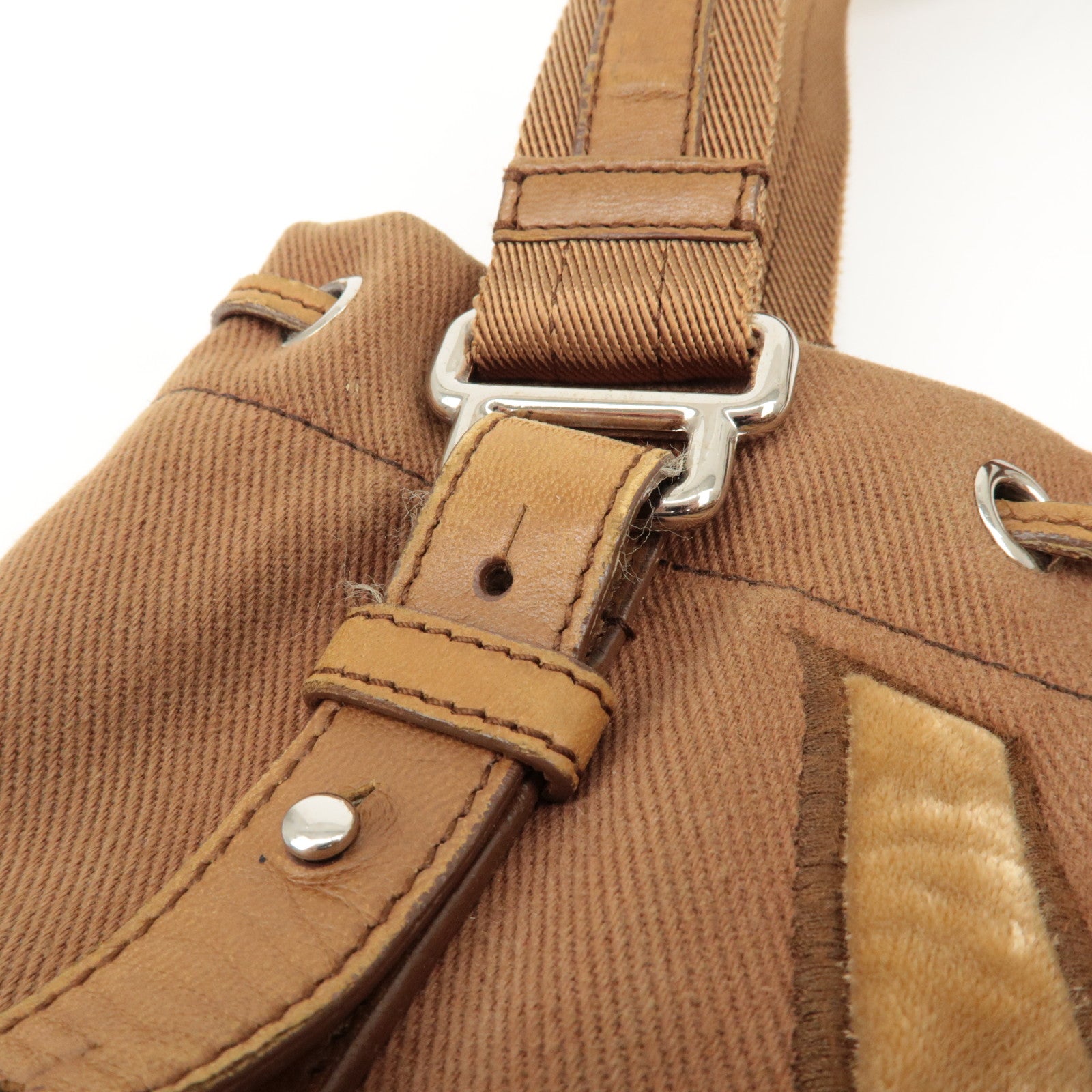 SAINT LAURENT Kahara Leather Canvas Velour Tote Bag Brown Used