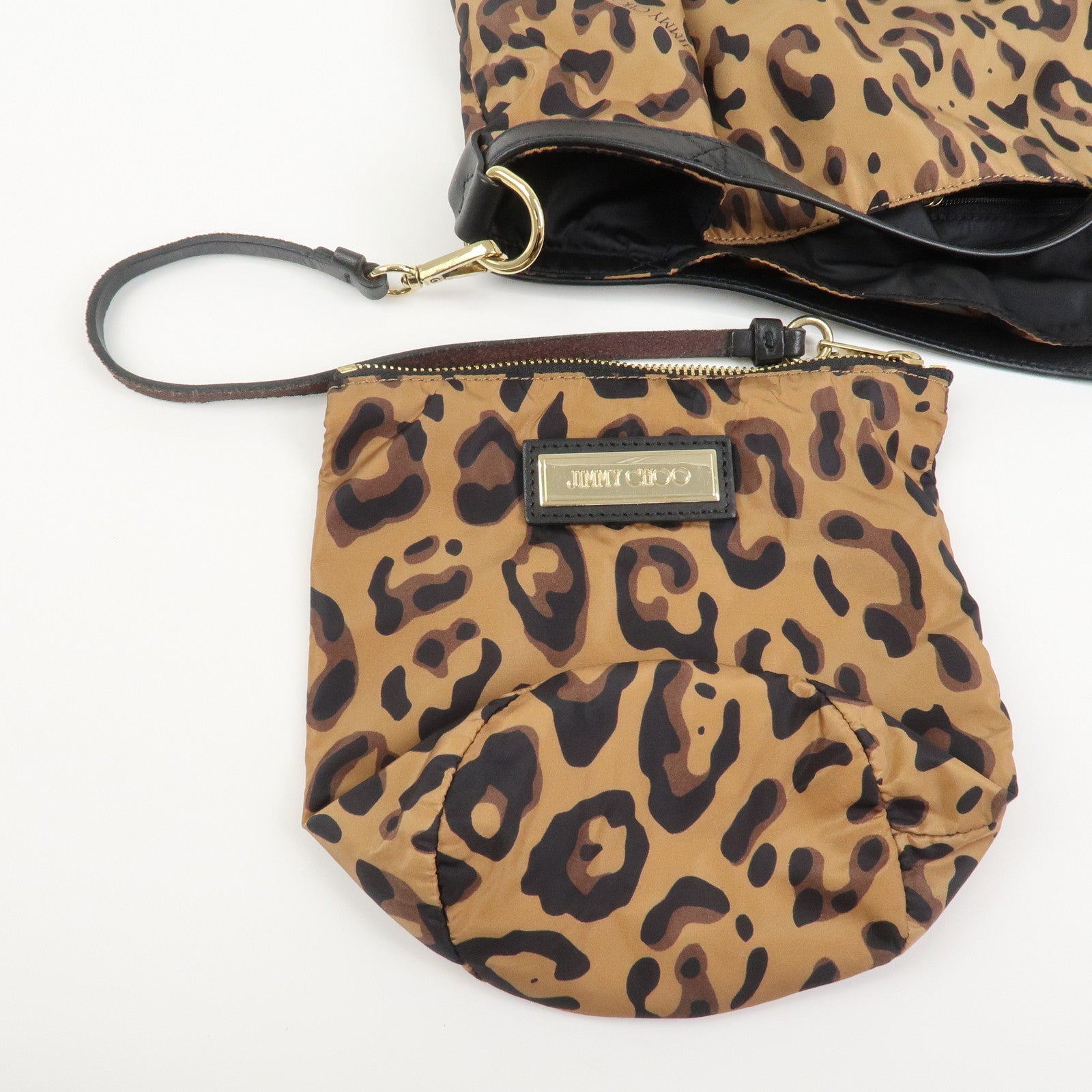 JIMMY CHOO Nylon Tote Bag Shoulder Bag Leopard Brown Black