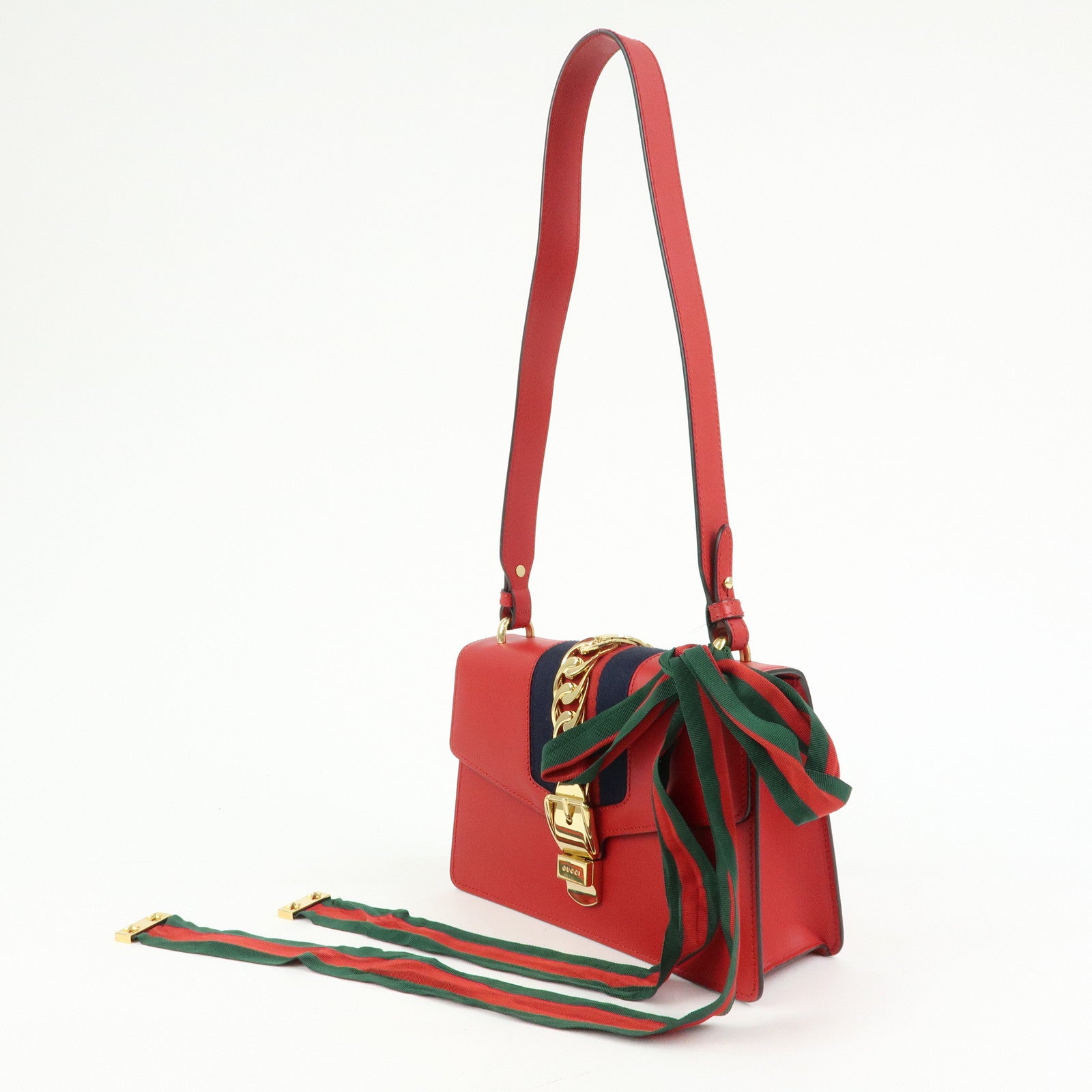 GUCCI Sylvie Sherry Leather Shoulder Bag Ribbon Red Navy 421882