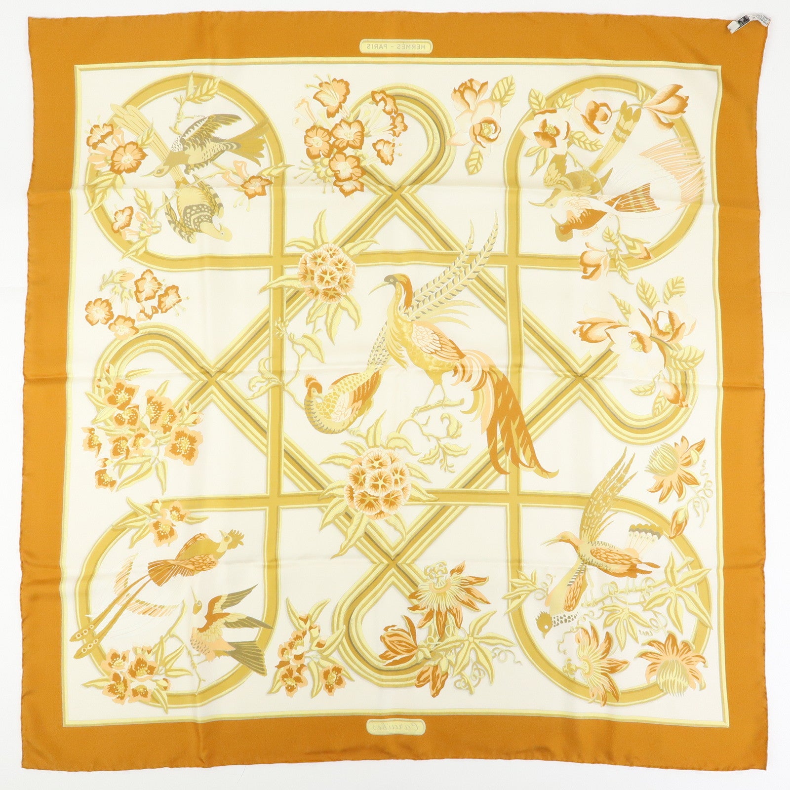HERMES Carre Silk 100% Scarf Caraibes Oiseaux Light Brown