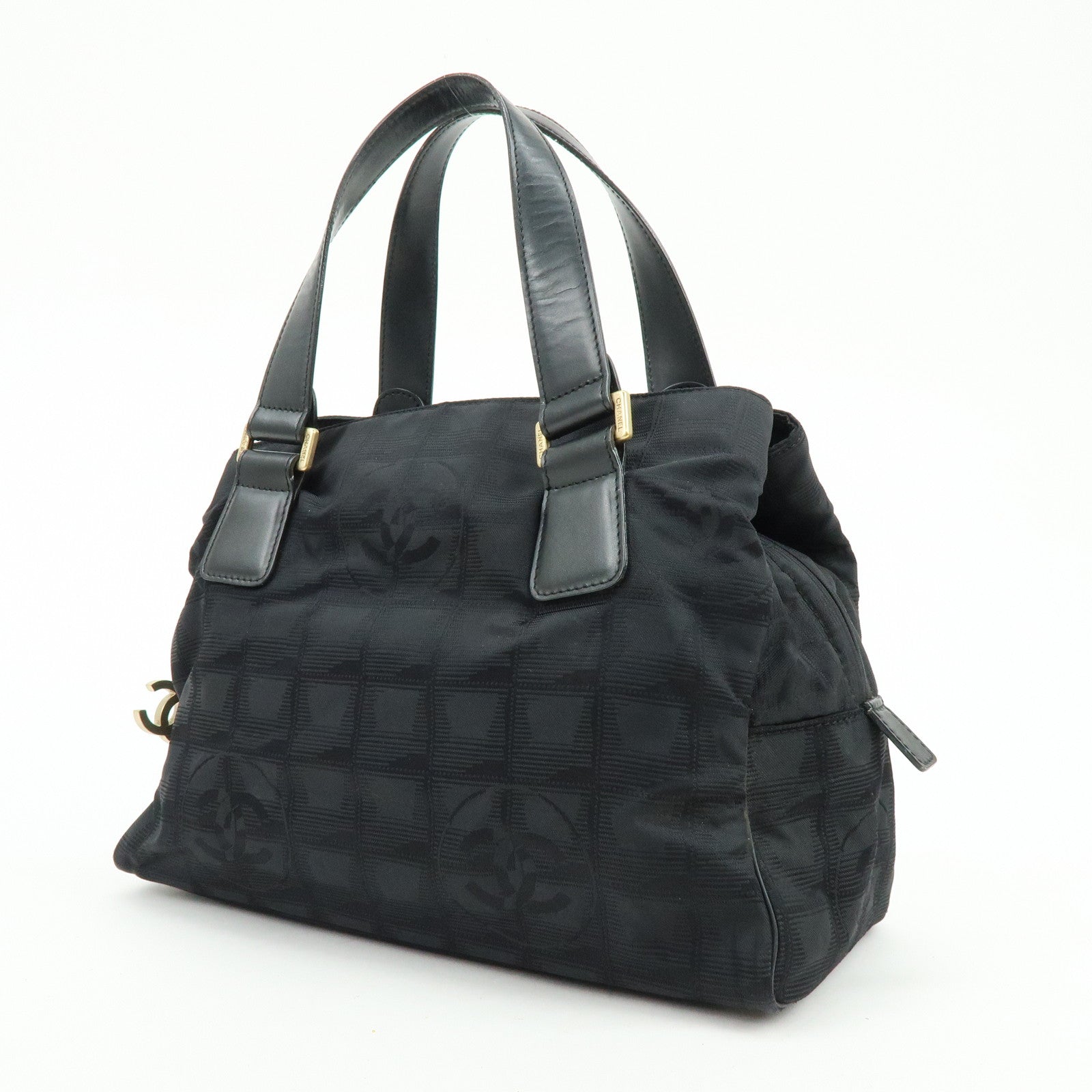 CHANEL New Travel Line Nylon Jacquard Leather Hand Bag Black