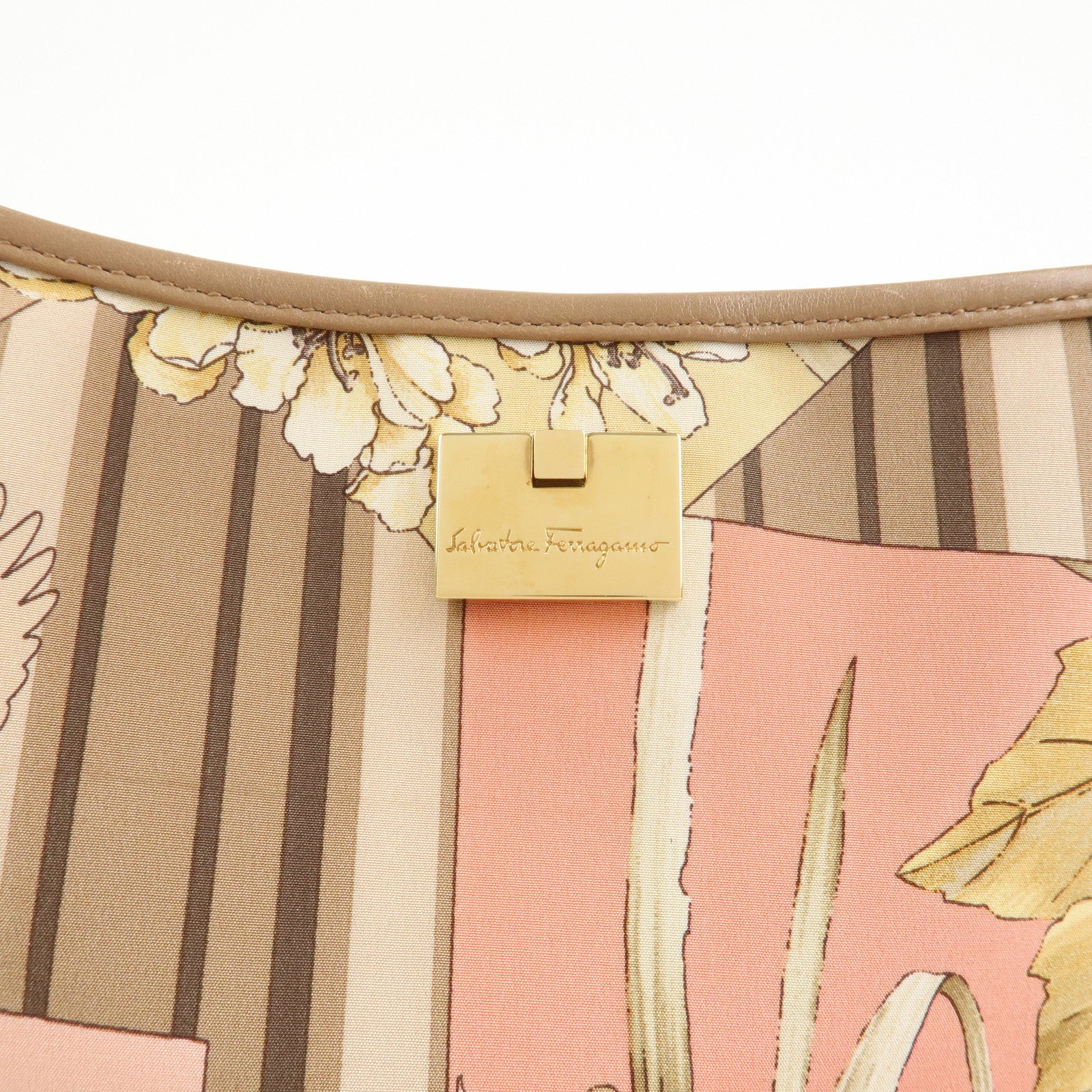 Ferragamo Nylon Leather Shoulder Bag Brown Pink Gold