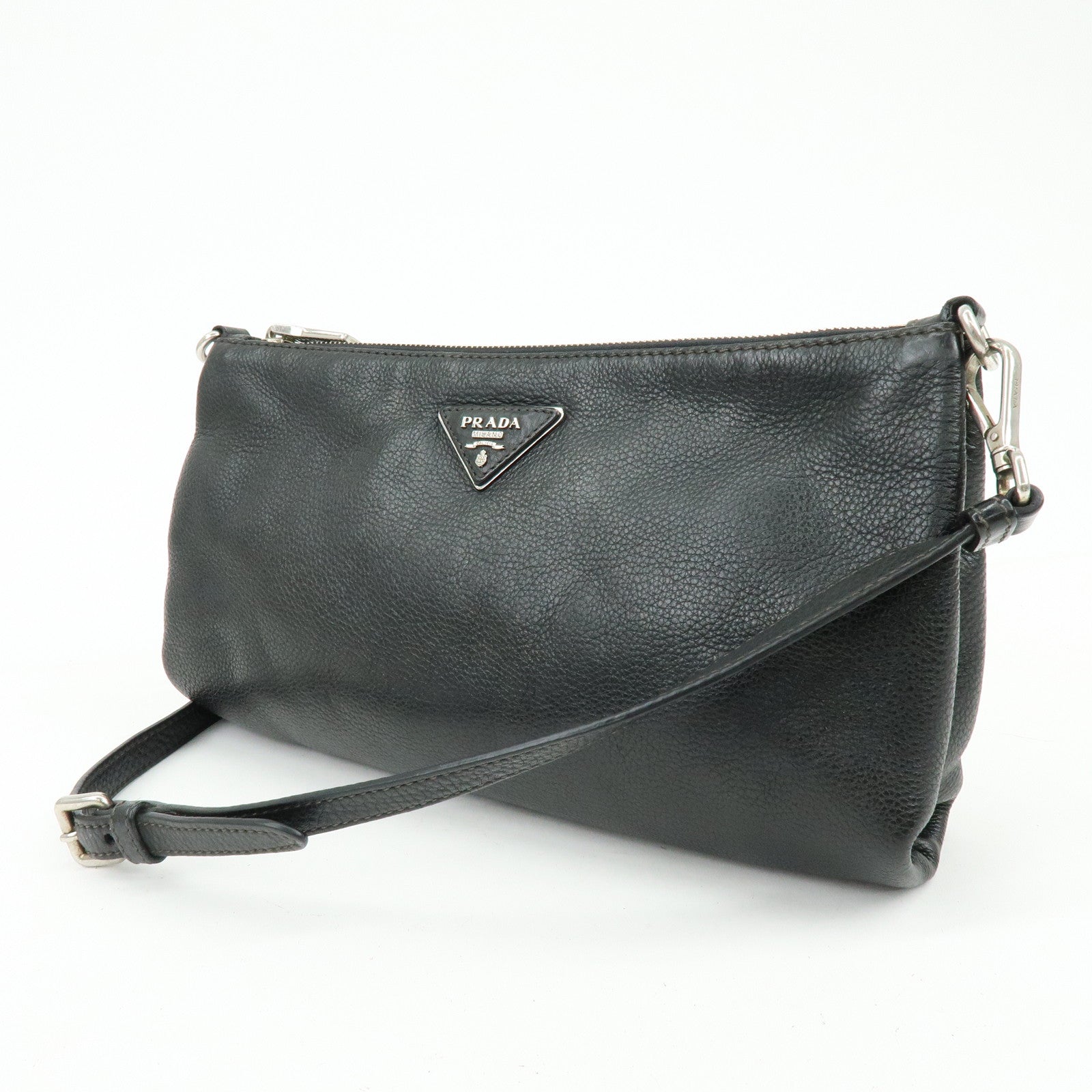 PRADA Triangle Logo Vitello Daino Leather Shoulder Bag Black 1BH997