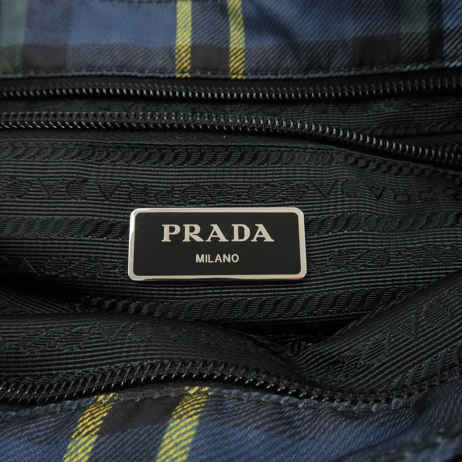 PRADA Triangle Logo Nylon Plaid Shoulder Bag Navy Multicolor VA053M Used