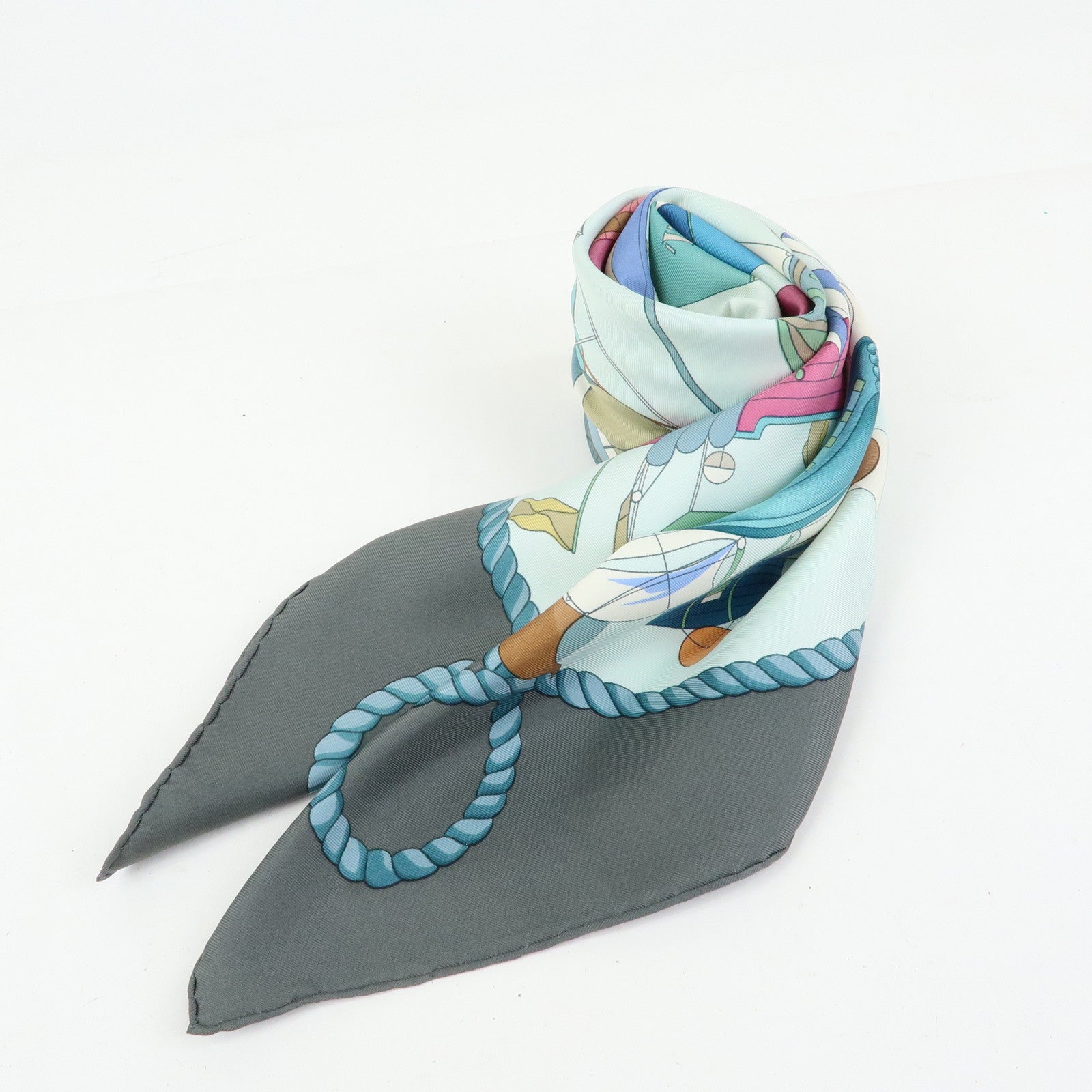HERMES Carre 90 Silk 100% Scarf LES FOLIES DU CIEL Light Green Gray