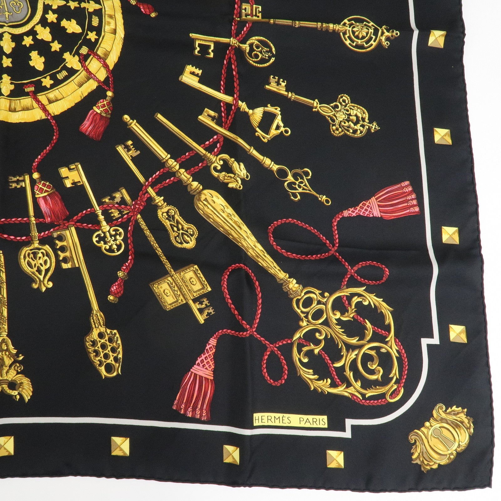 HERMES Carre 90 Silk 100% Scarf LES CLES THE KEYS RARE Black Gold Used