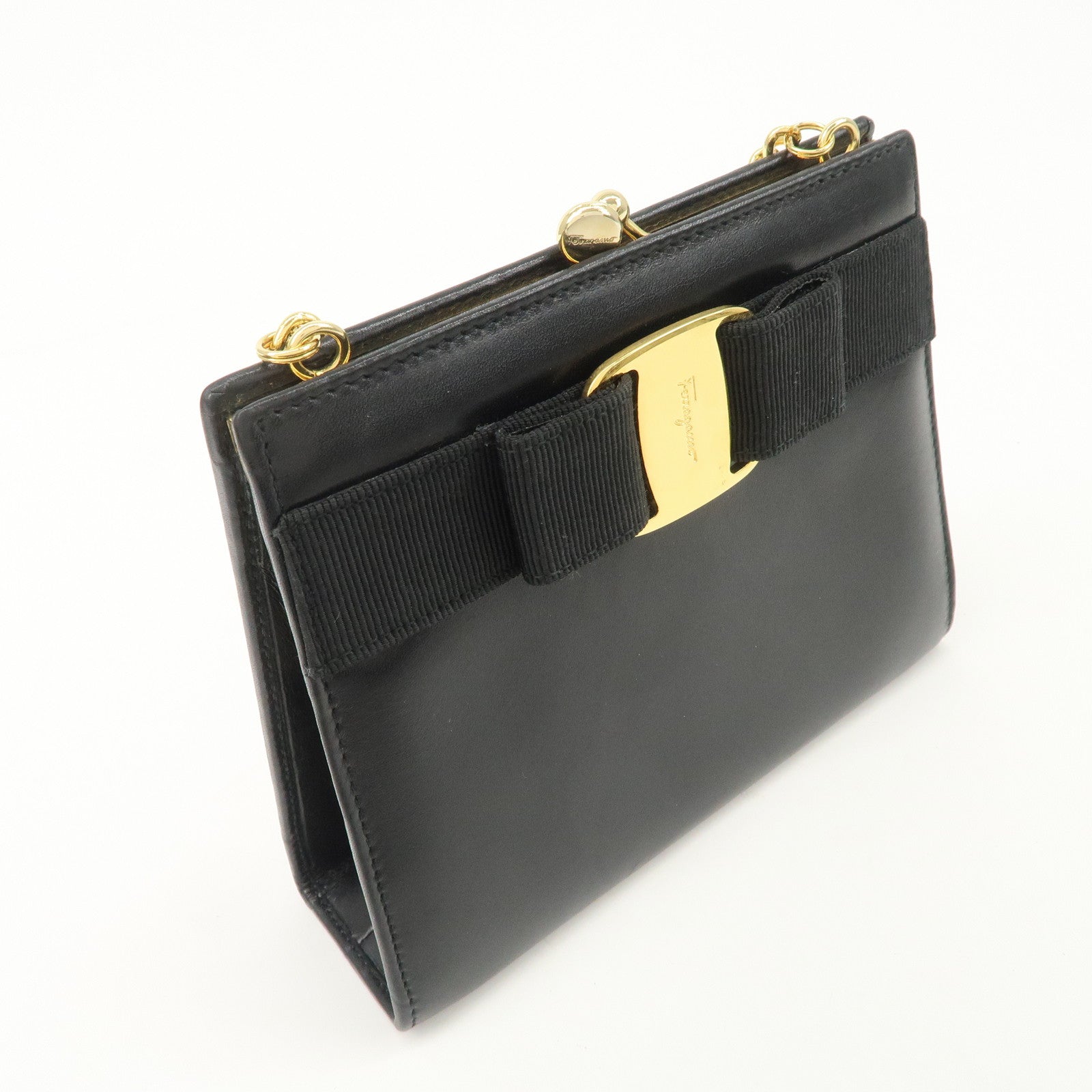 Ferragamo Vara Leather Ribbon Mini Chain Shoulder Bag Black Used