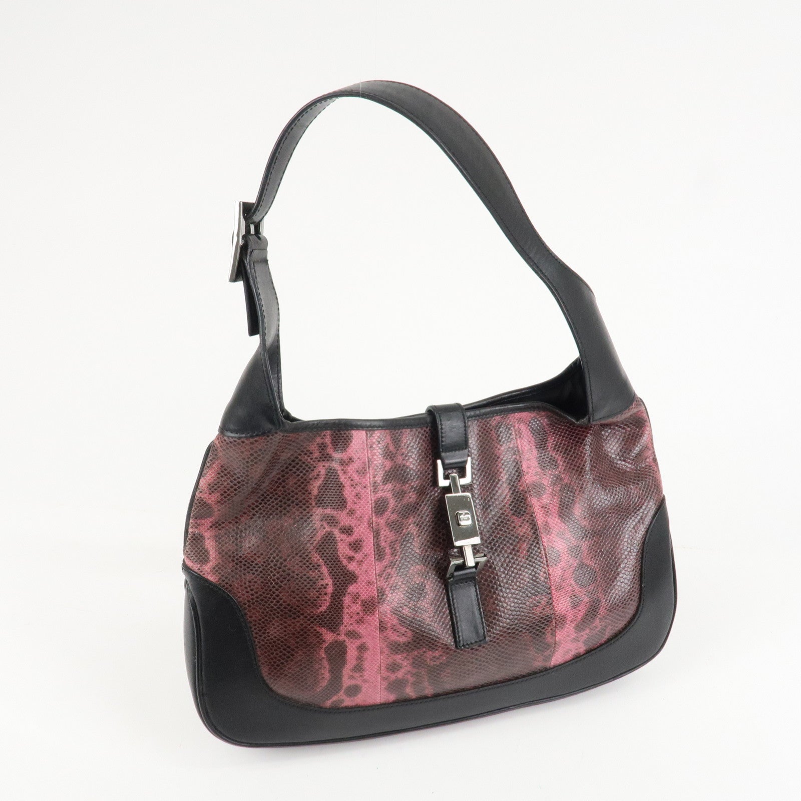 GUCCI Jackie Leather Python Shoulder Bag Black Pink 001.3306.3444 Used