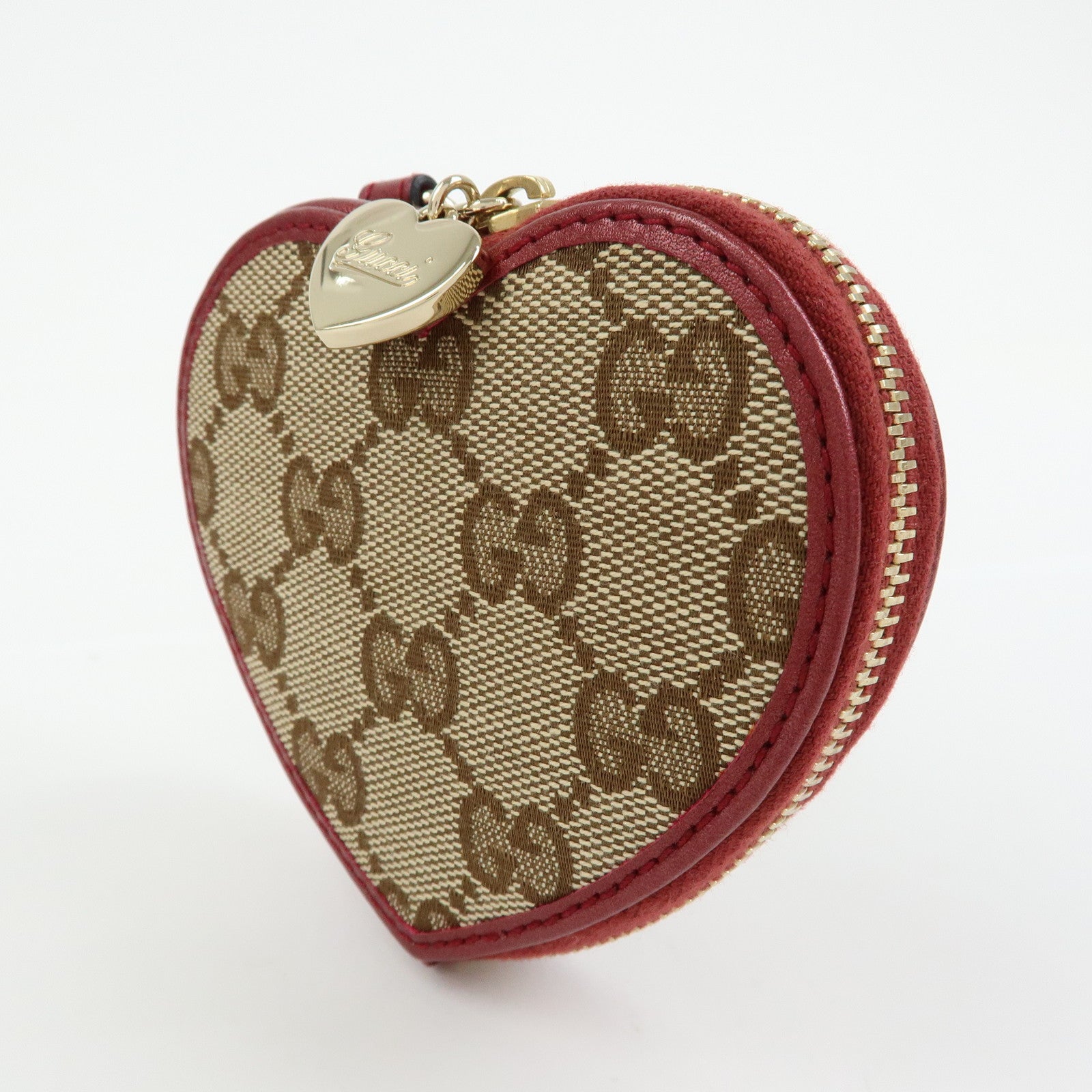 GUCCI Lovely Heart GG Canvas Leather Coin Case Beige Bordeaux152615