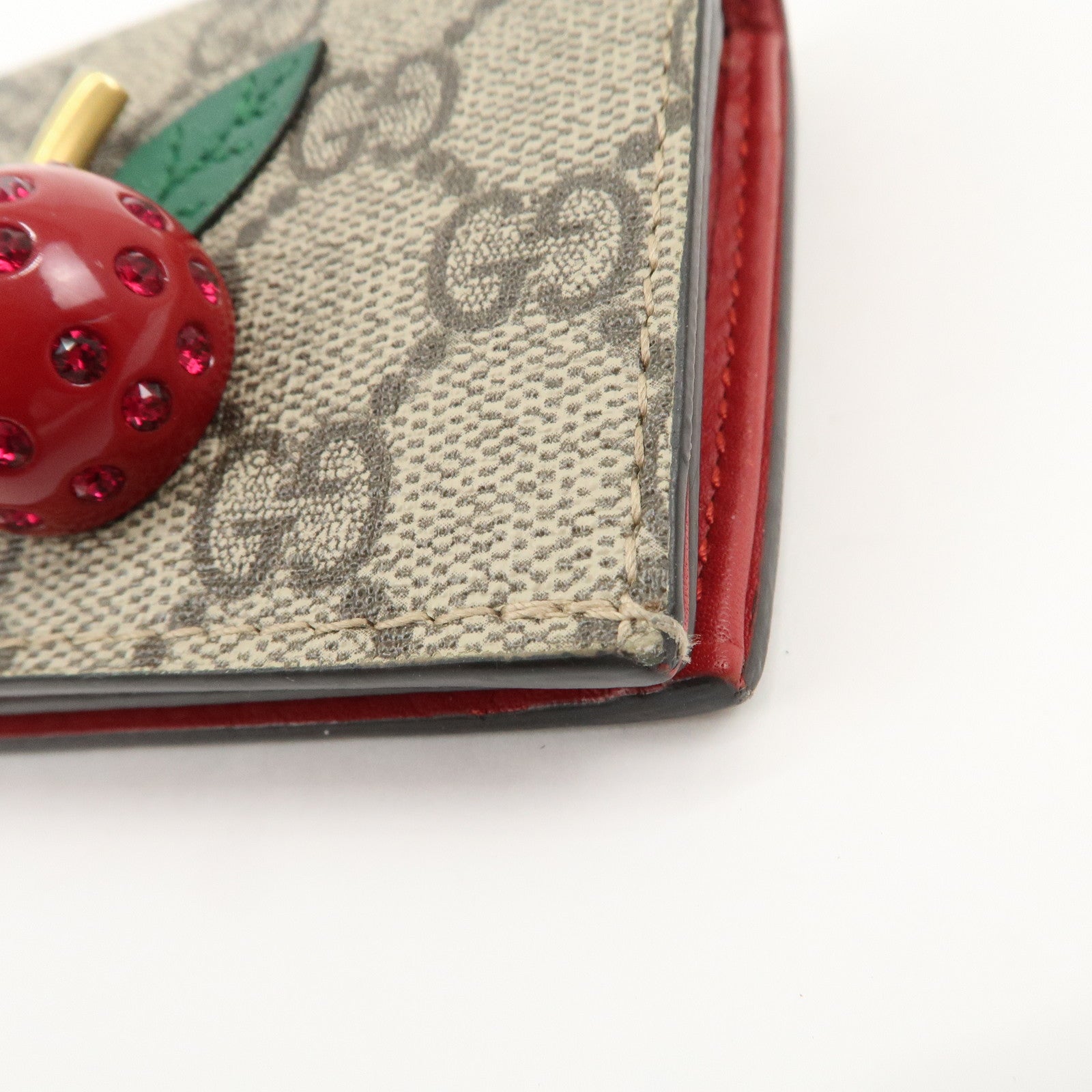 GUCCI Interlocking G GG Supreme Cherry Compact Wallet Beige Red 476050 Used