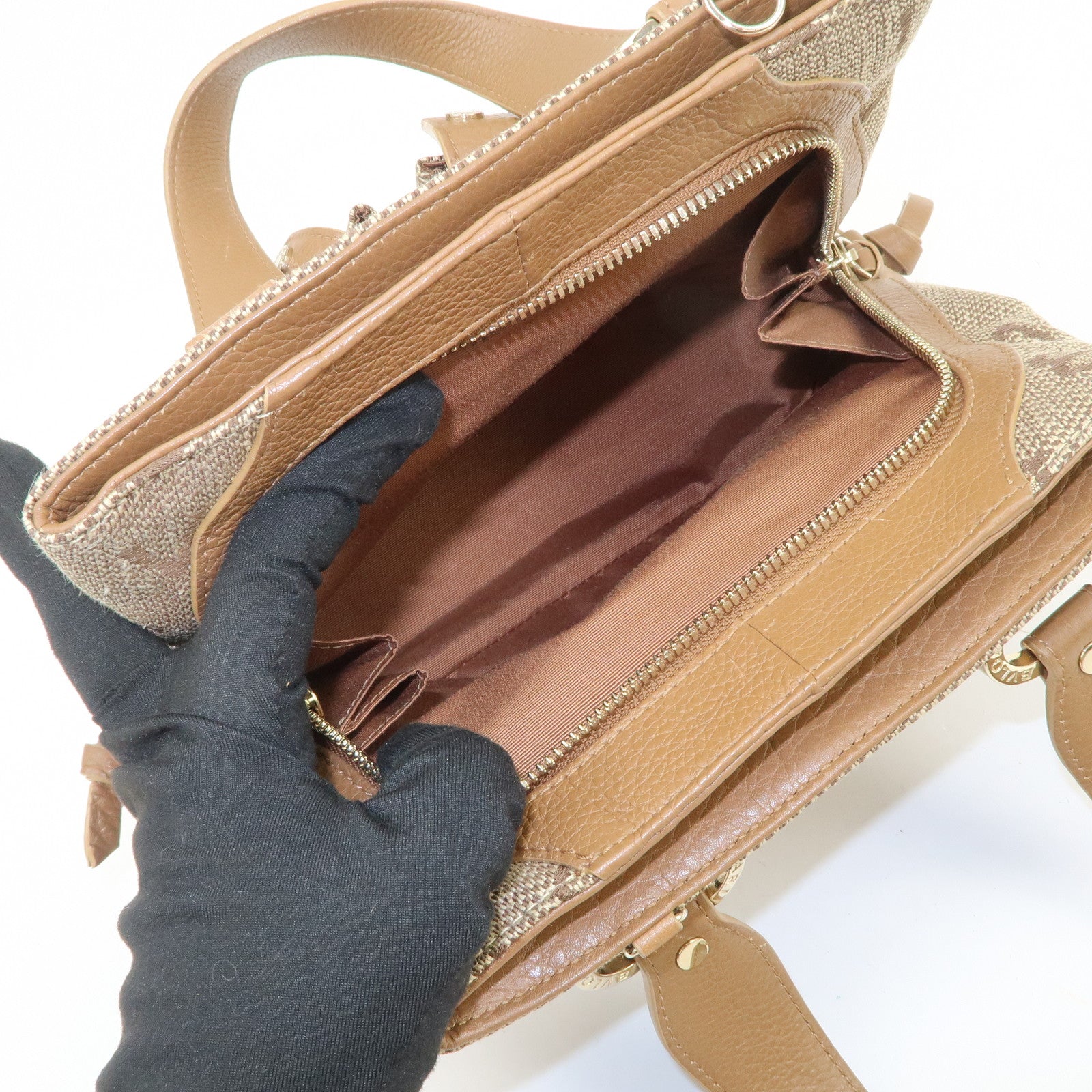 BVLGARI Logo Mania Canvas Leather Hand Bag Light Brown