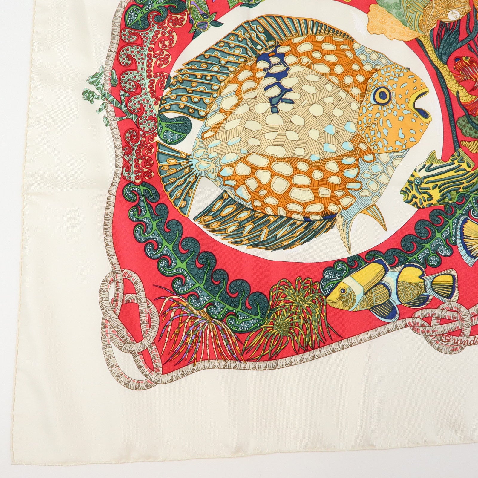 HERMES Carre 90 Silk 100% GRANDS FONDS Red White Multi Color