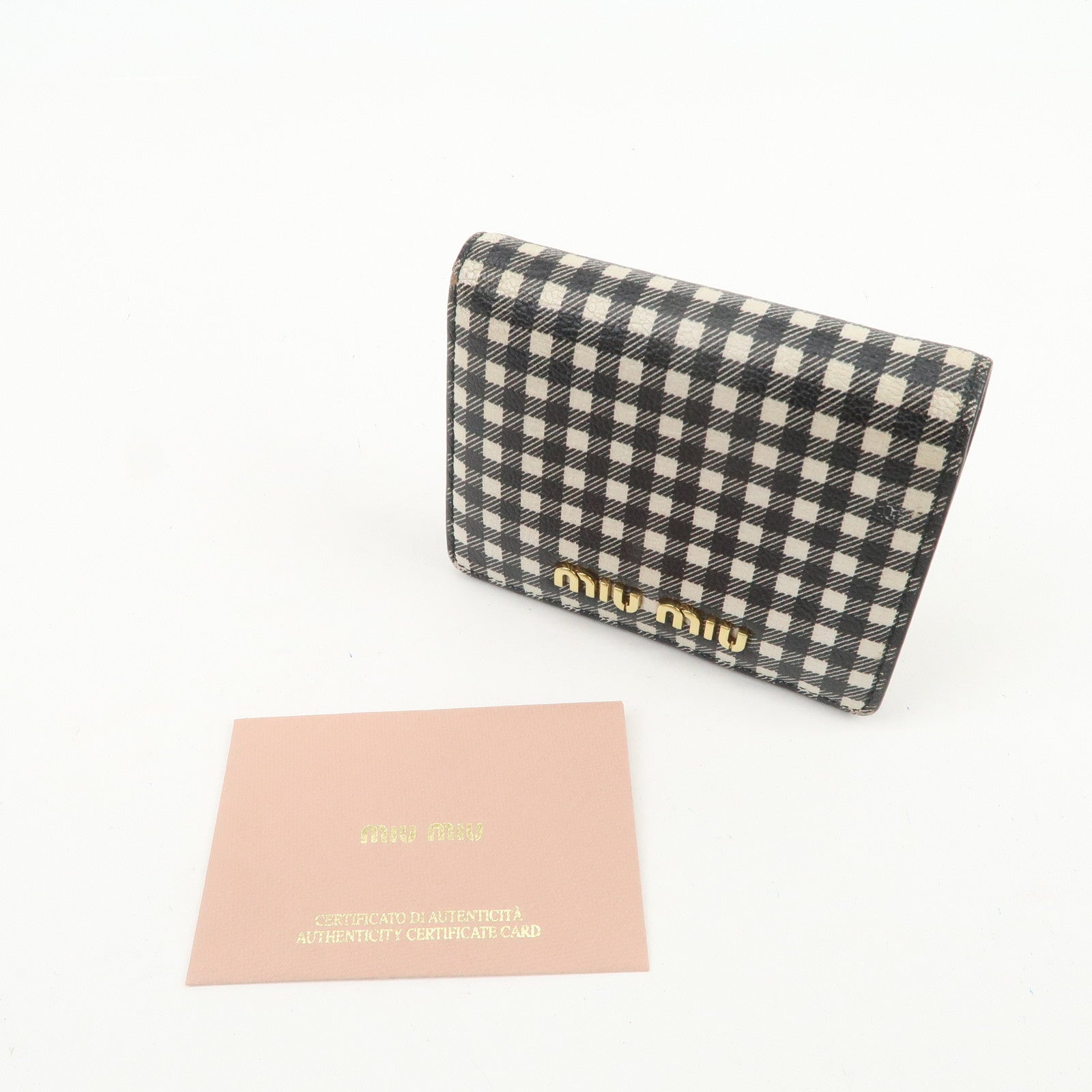MIU MIU Plaid Leather Compact Bi-fold Wallet Black Ivory 5MV204
