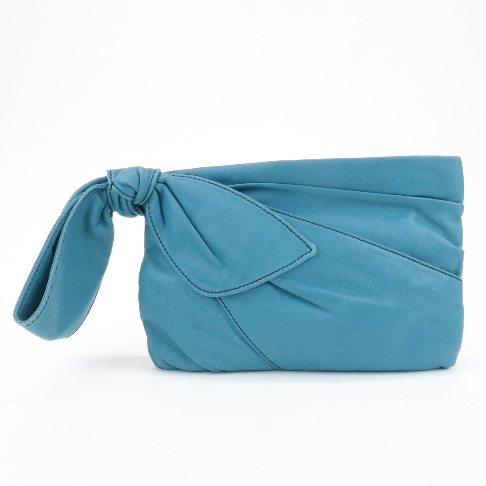 VALENTINO Leather Ribbon Clutch Bag Hand Bag Pouch Blue Used