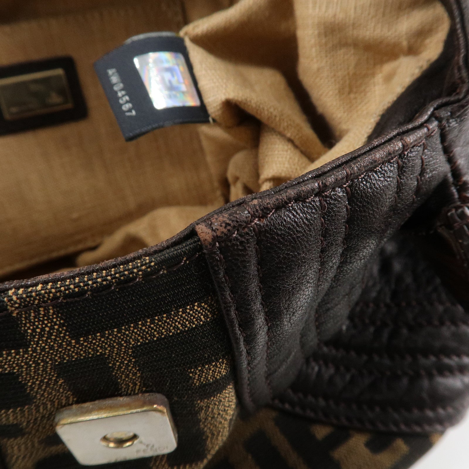 FENDI Zucca Mini Spy Canvas Leather Hand Bag Brown Black 8BR589 Used