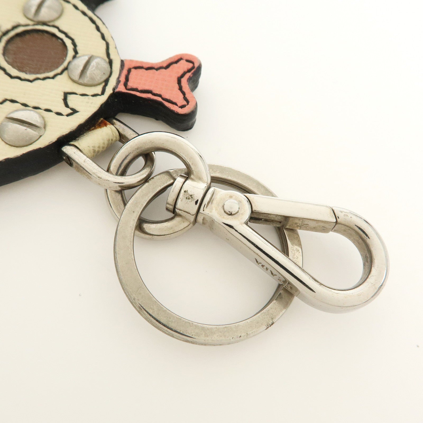 PRADA Saffiano Leather Metal Skull Bag Key Charm Key Holder Ivory