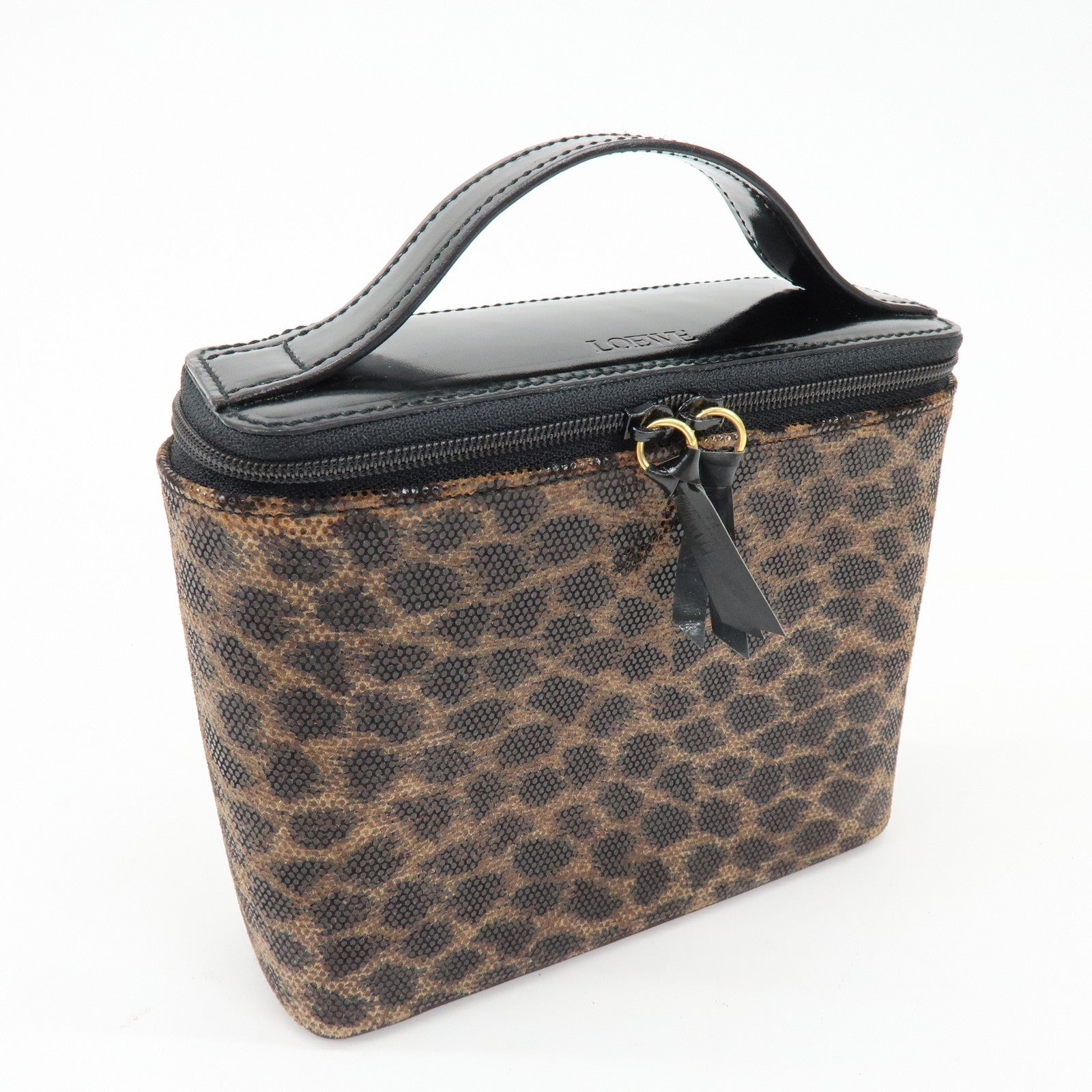 LOEWE PVC Leather Leopard Print Hand Bag Vanity Bag Brown Bag