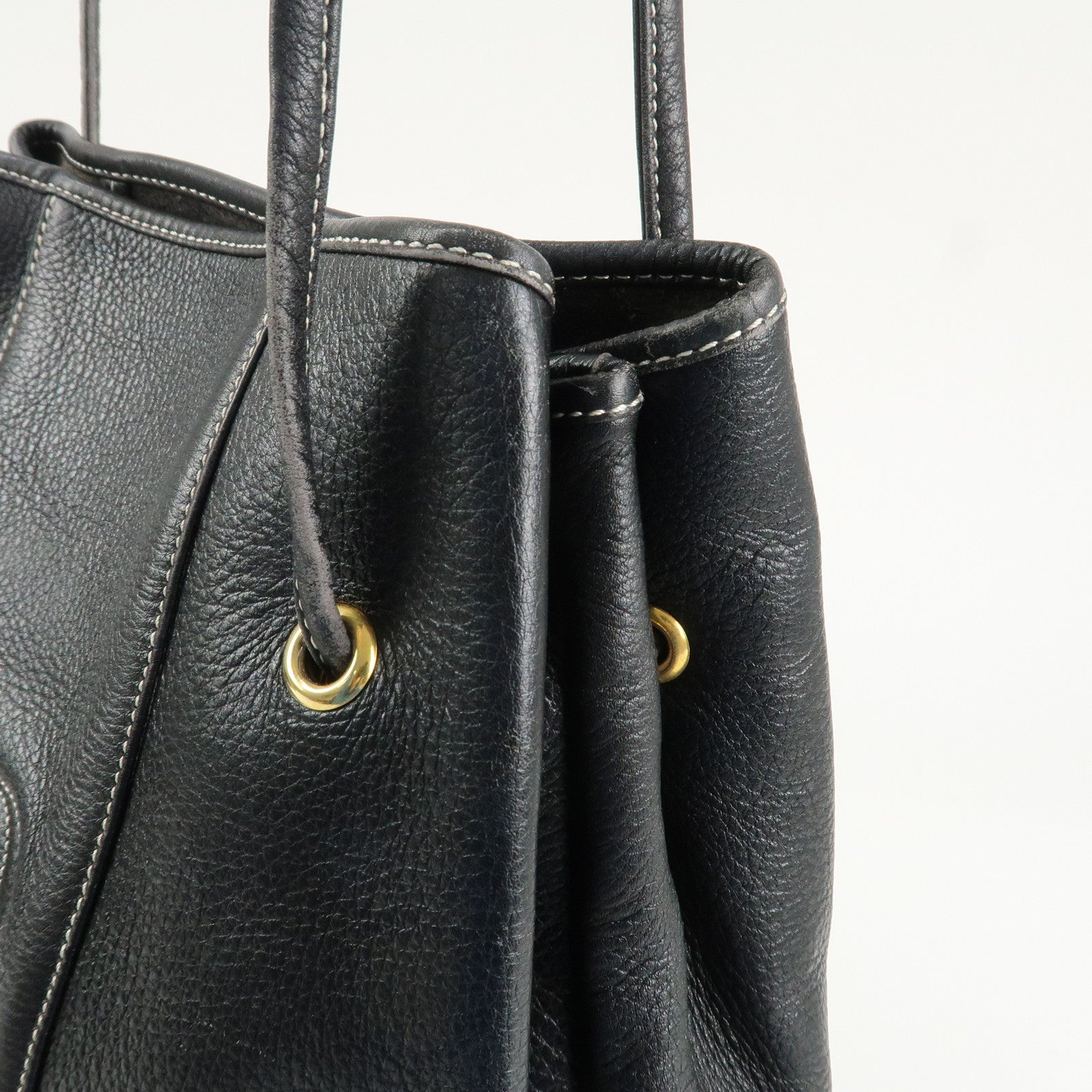 Christian Dior Leather CD Logo Drawstring Shoulder Bag Black Used