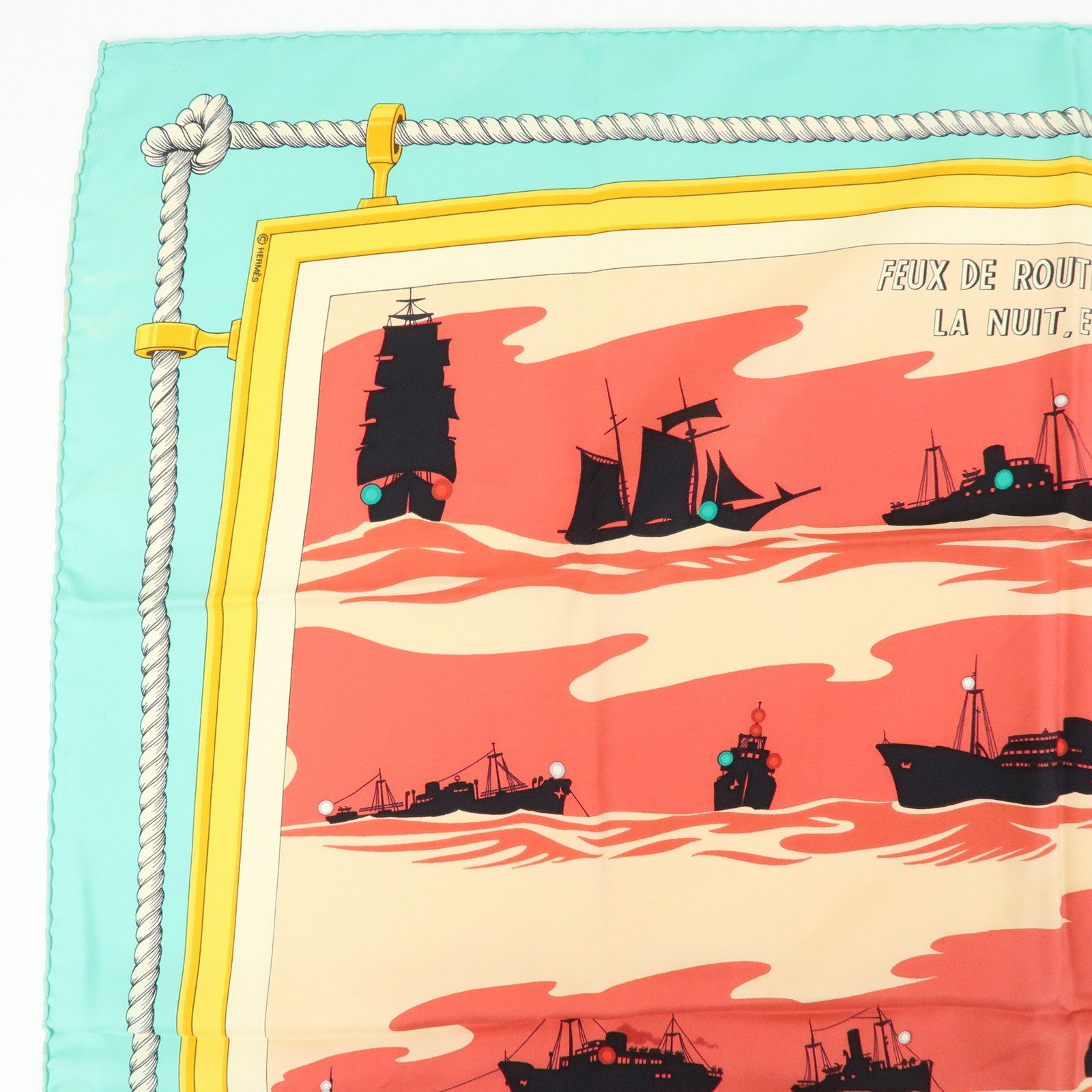 HERMES Carre 90 Silk100% Scarf FEUX DE ROUTE APERCUS LA NUIT EN MER