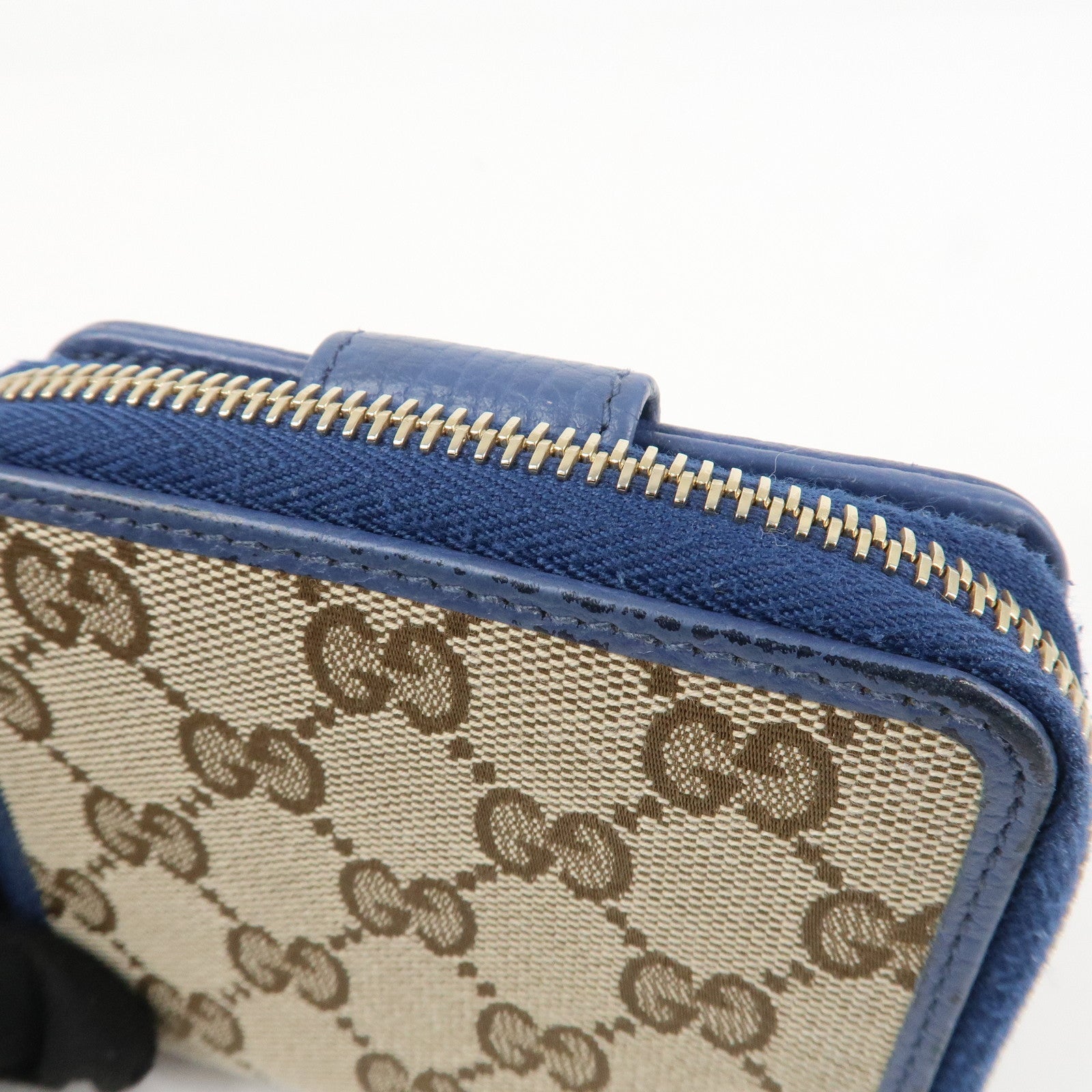 GUCCI GG Canvas Leather Bi-Fold Wallet Beige Blue 346056 Used